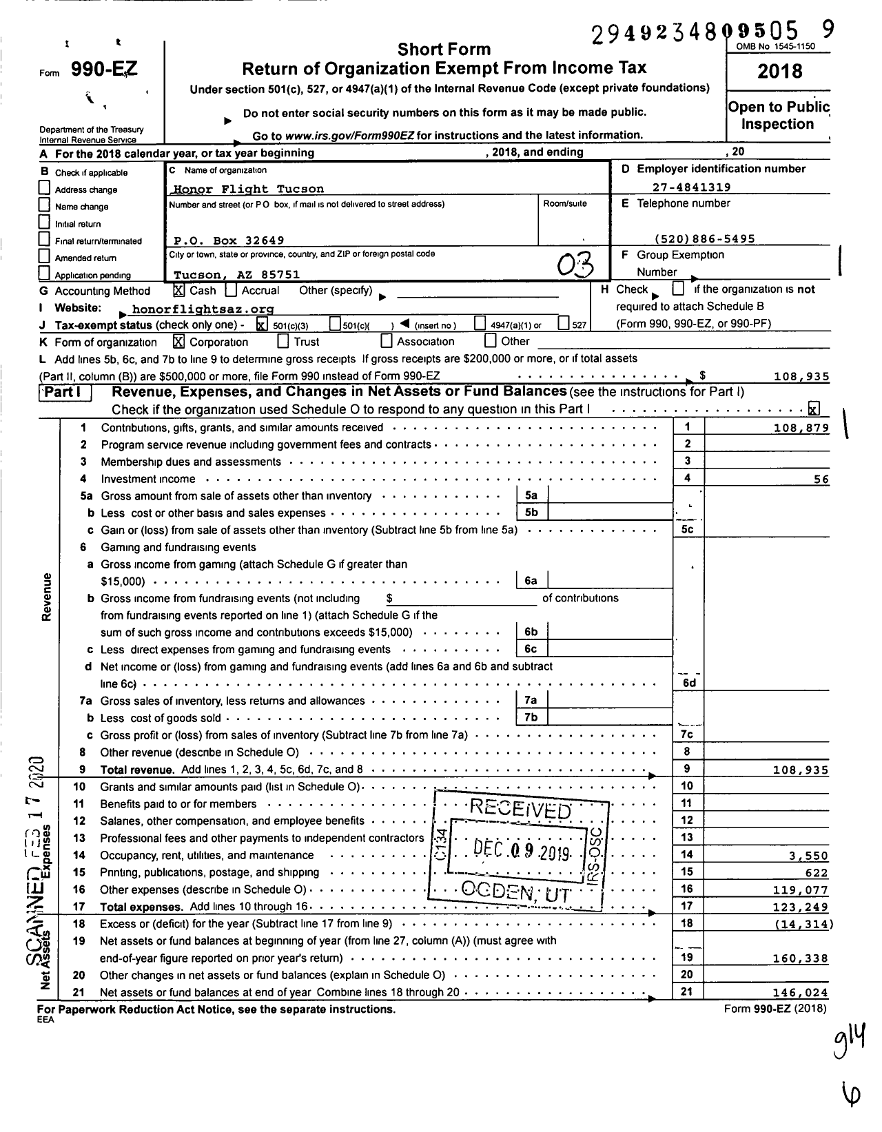 Image of first page of 2018 Form 990EZ for Honor Flight Tucson