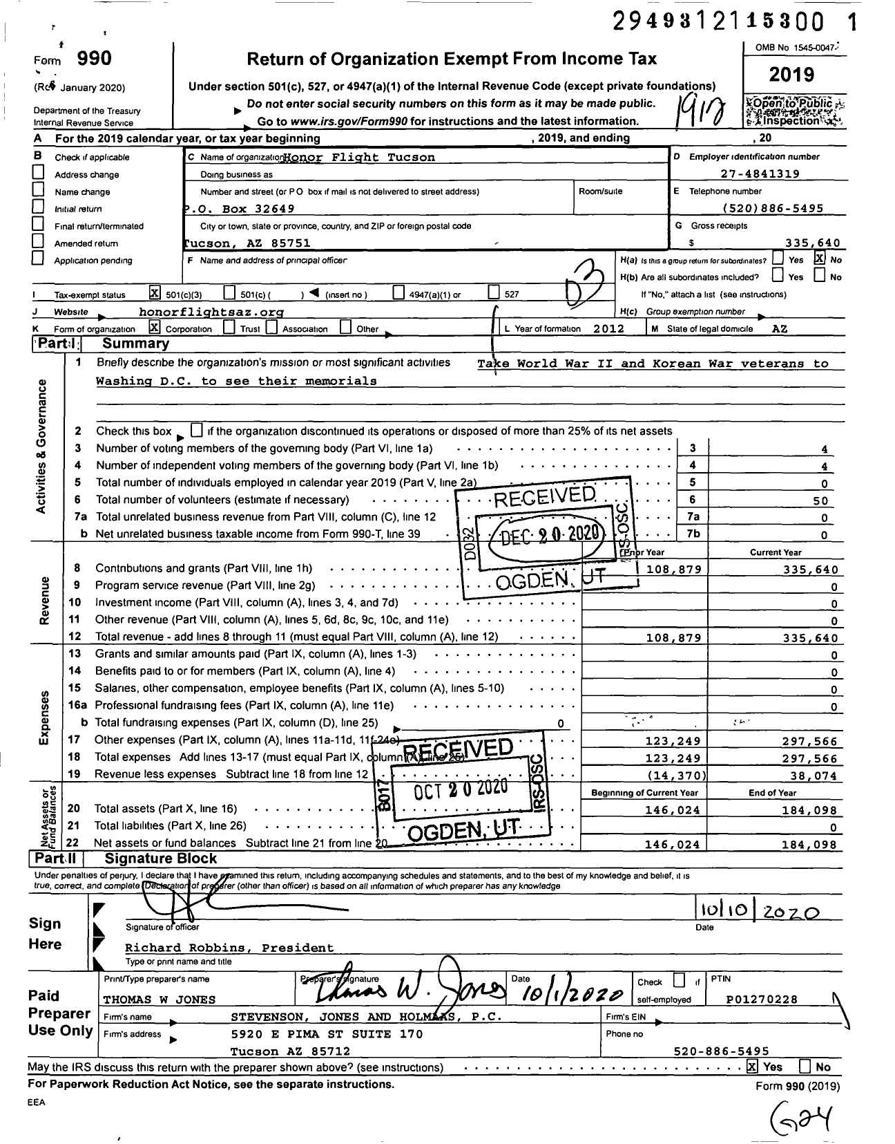 Image of first page of 2019 Form 990 for Honor Flight Tucson