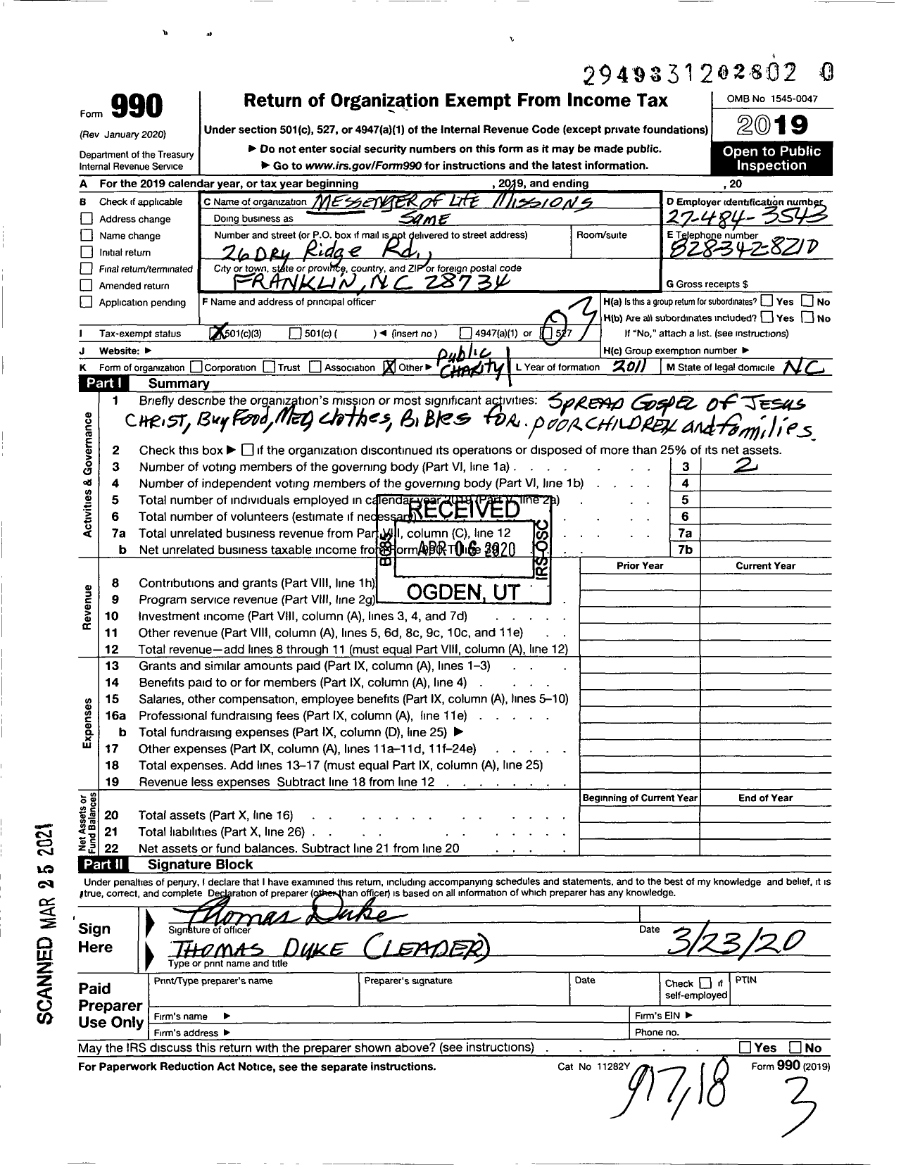 Image of first page of 2019 Form 990 for Messenger of Life Missions