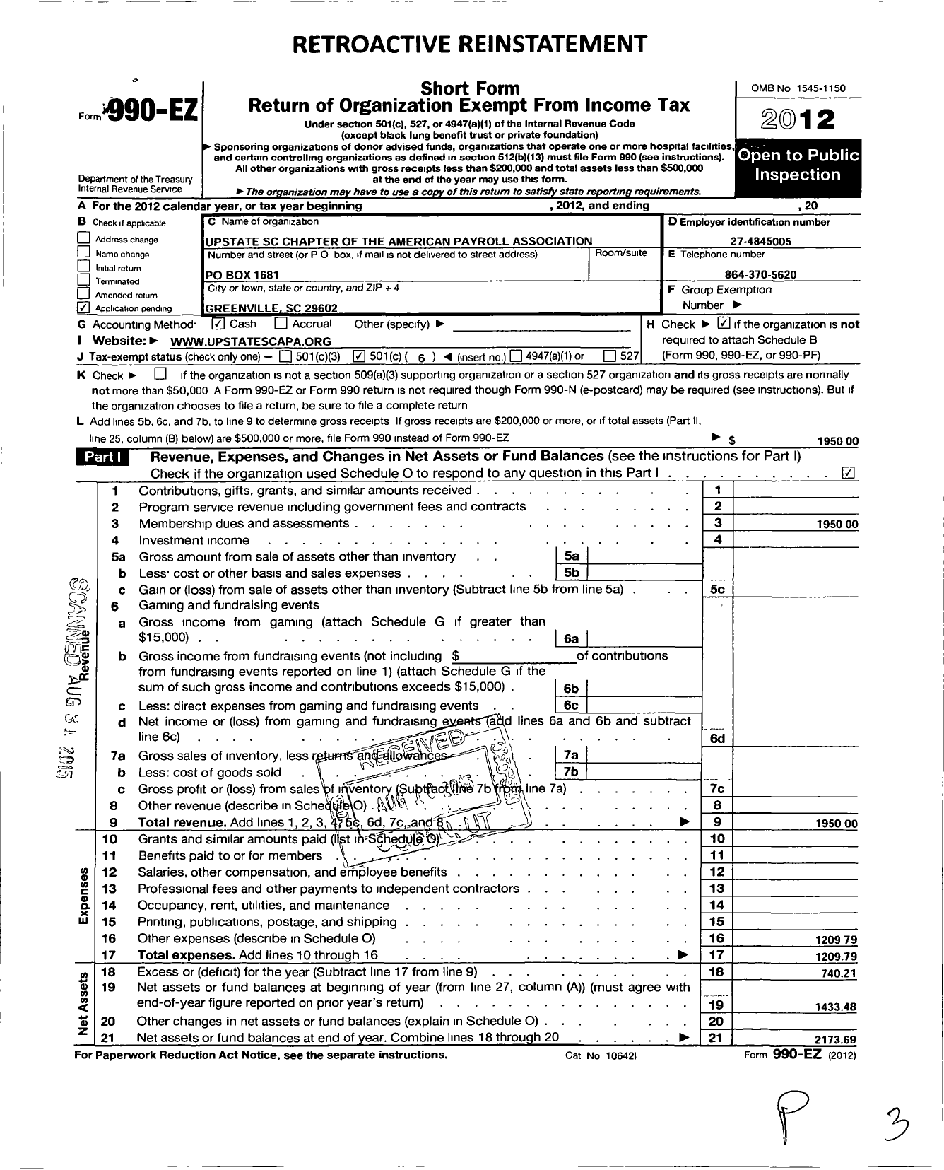 Image of first page of 2012 Form 990EO for Upstate SC Chapter of the American Payroll Association