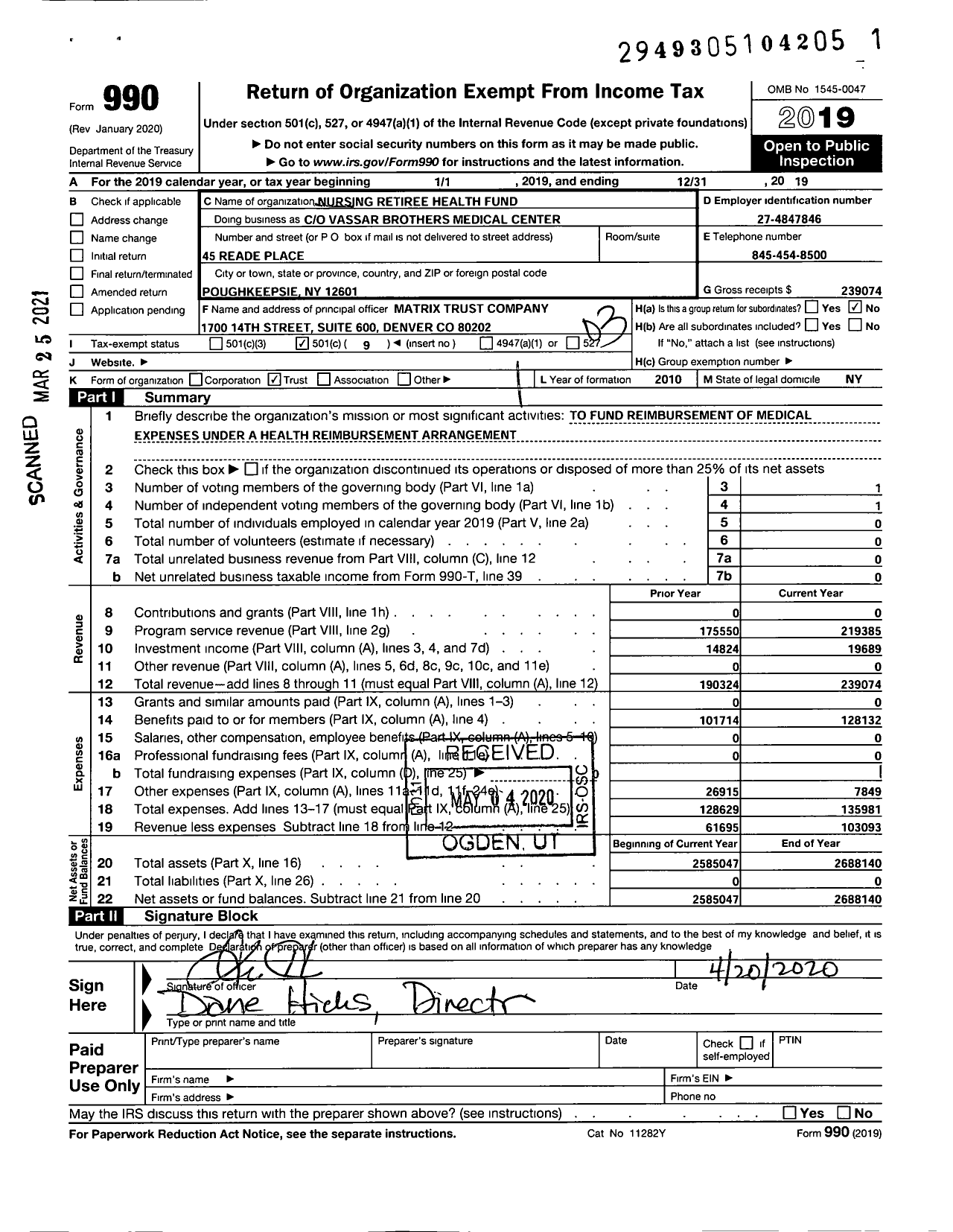 Image of first page of 2019 Form 990 for Nursing Retiree Health Fund