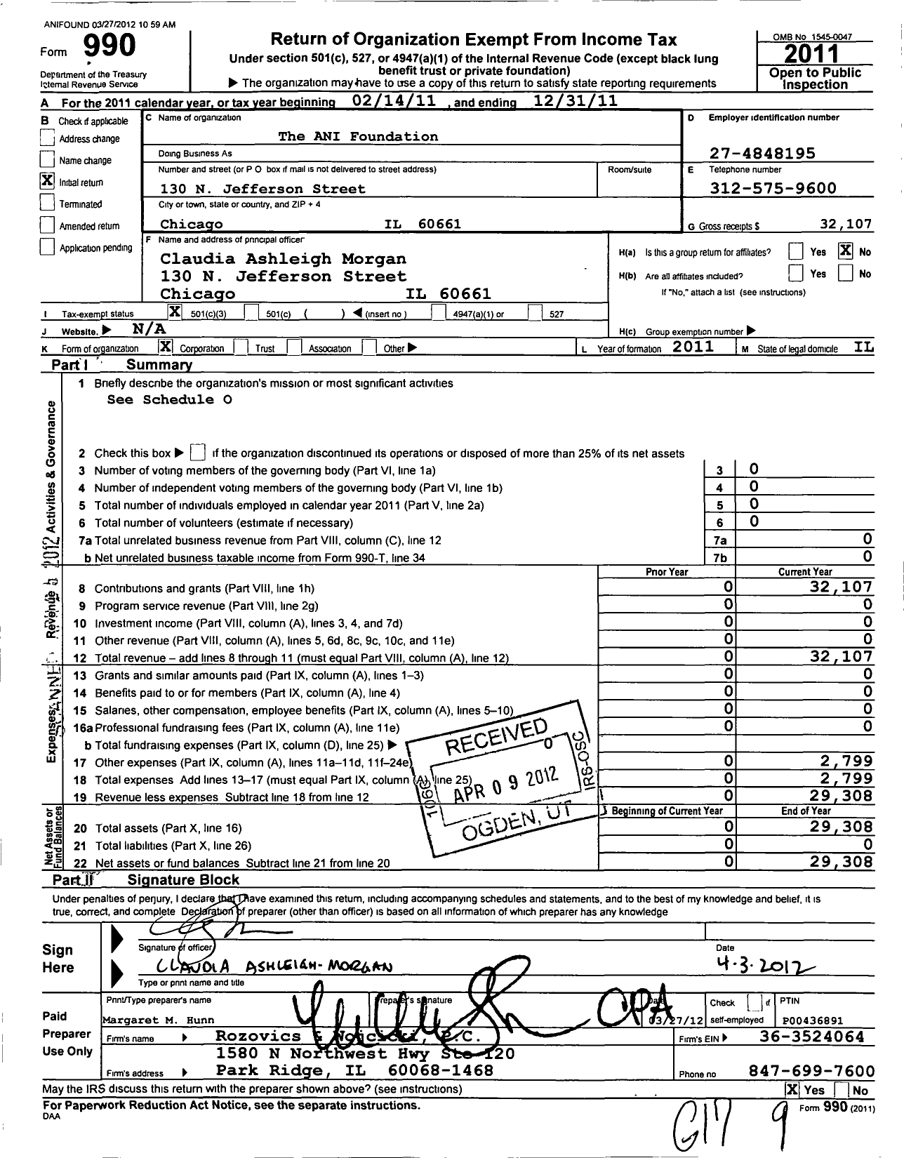 Image of first page of 2011 Form 990 for The Ani Foundation