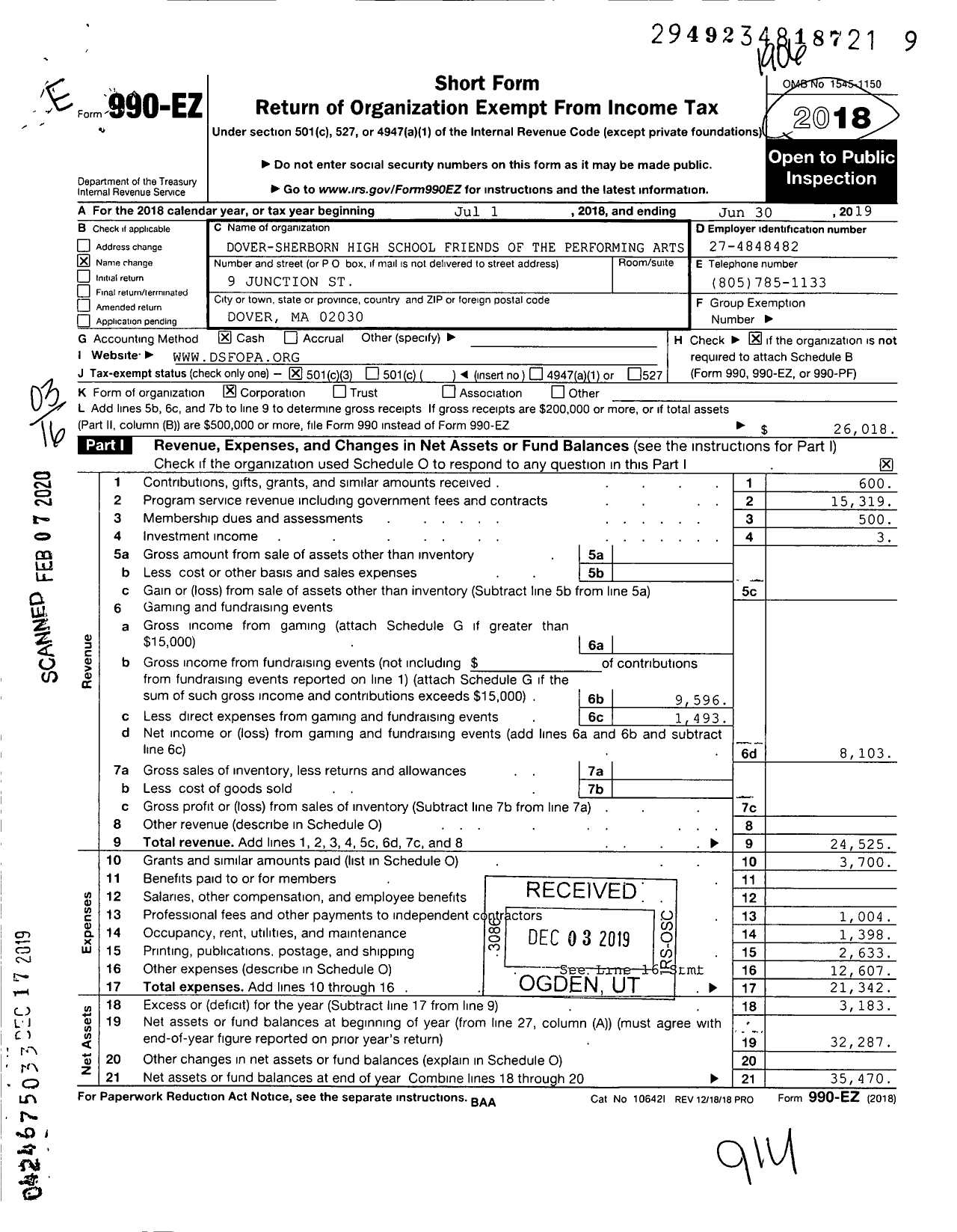 Image of first page of 2018 Form 990EZ for Dover-Sherborn High School Friends of the Performing Arts