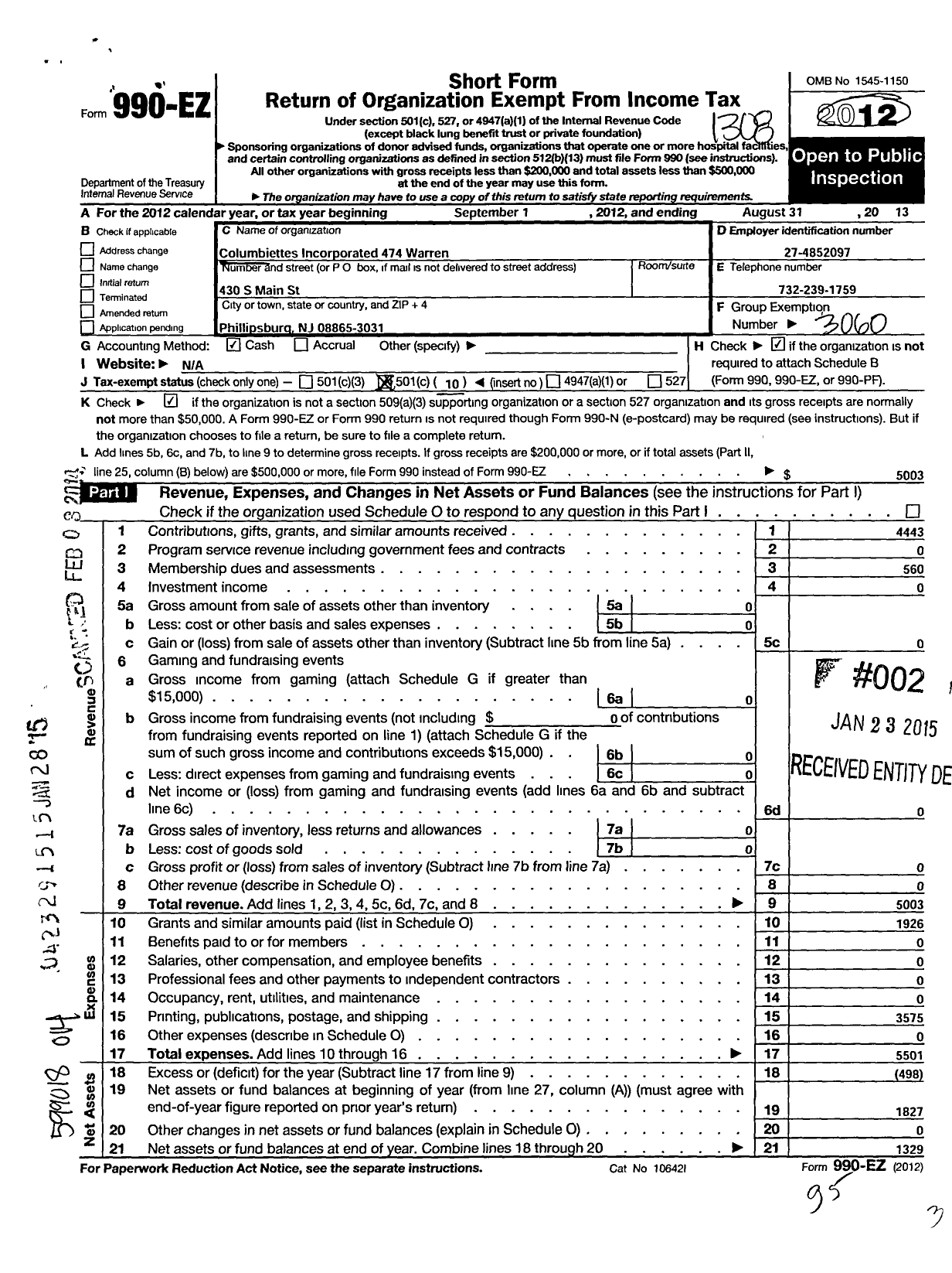 Image of first page of 2012 Form 990EO for Columbiettes - 474 Warren Columbiettes