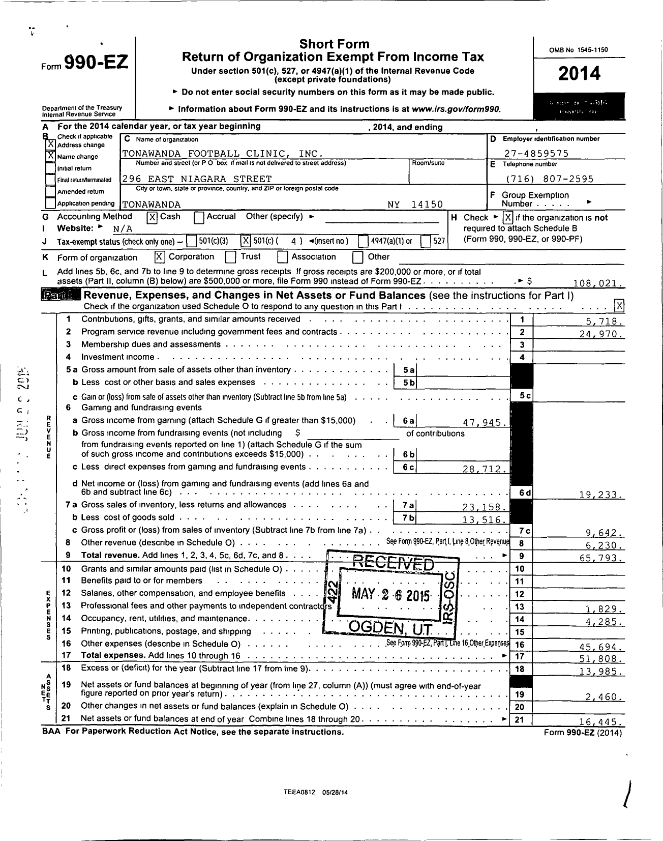 Image of first page of 2014 Form 990EO for Tonawanda Football Clinic