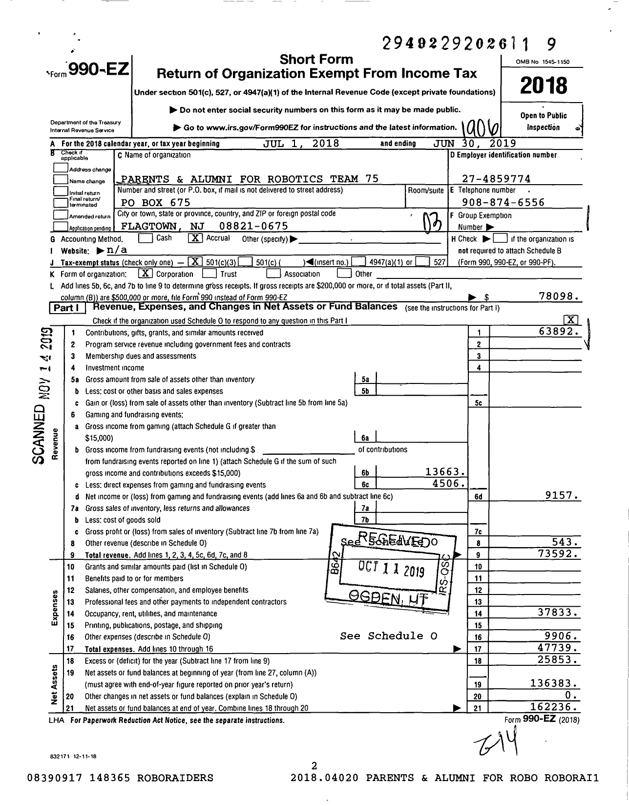 Image of first page of 2018 Form 990EZ for Parents and Alumni for Robotics Team 75