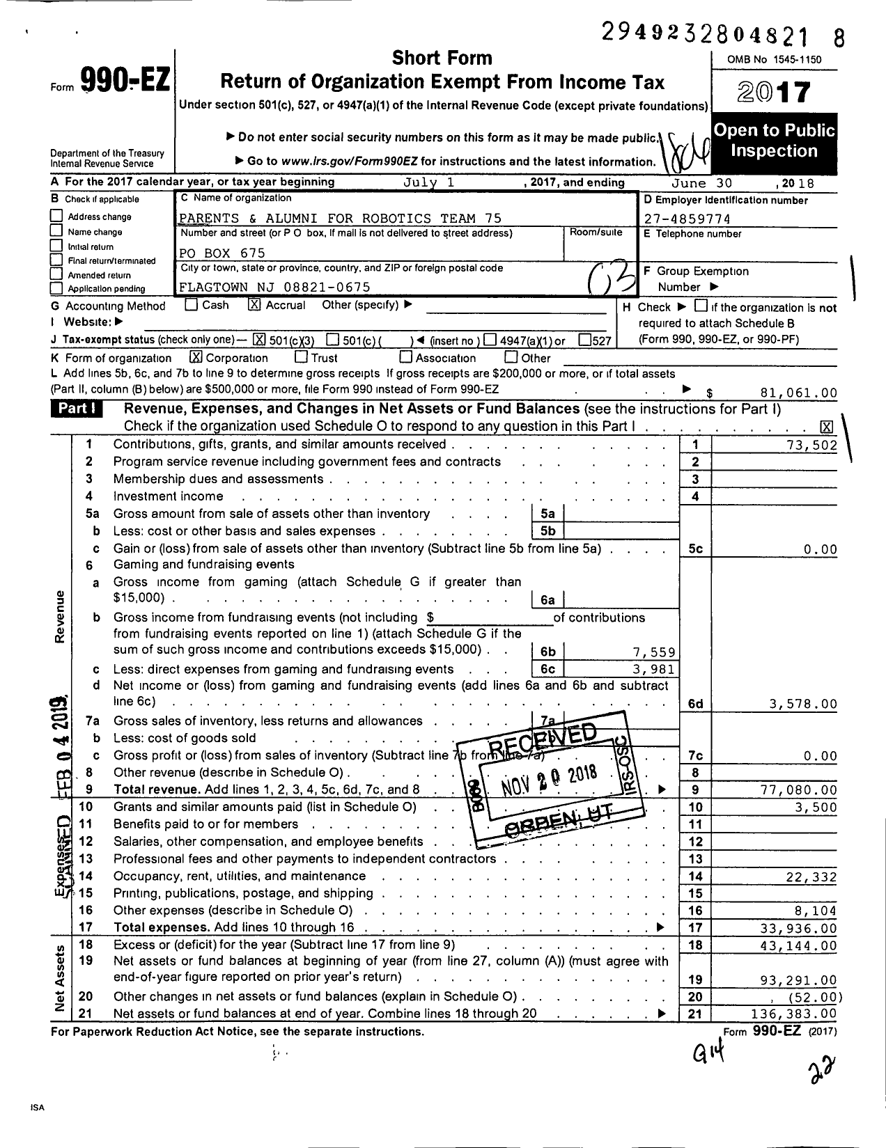 Image of first page of 2017 Form 990EZ for Parents and Alumni for Robotics Team 75