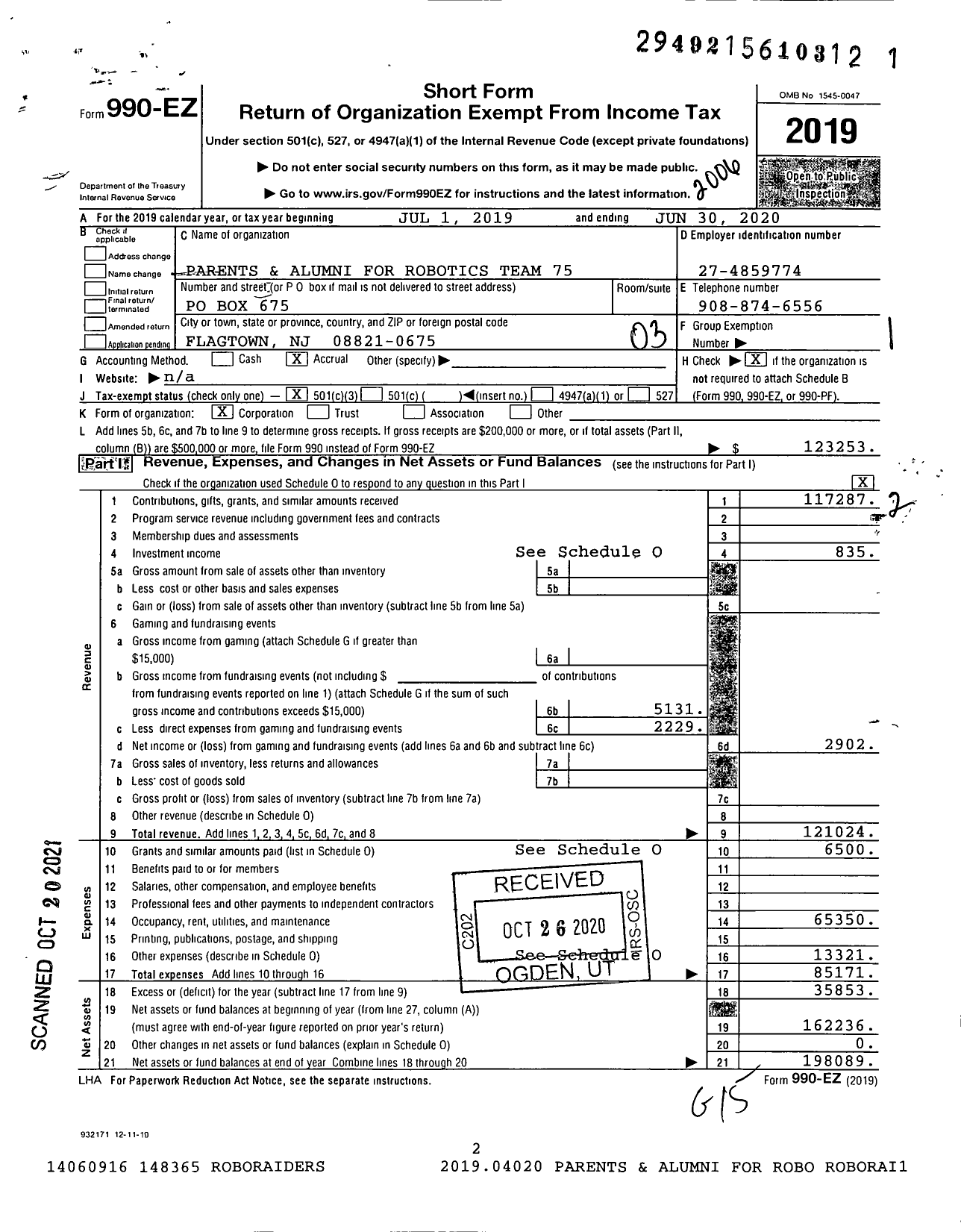 Image of first page of 2019 Form 990EZ for Parents and Alumni for Robotics Team 75