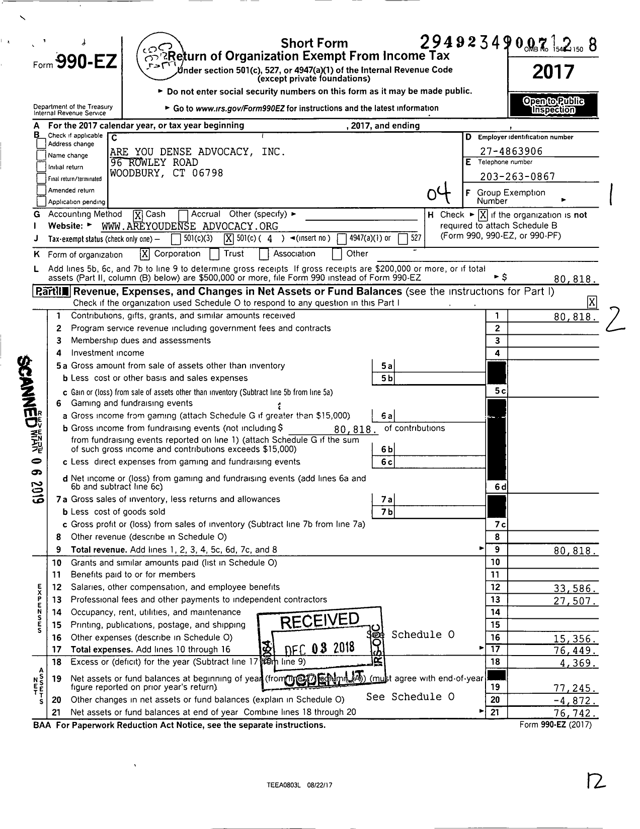 Image of first page of 2017 Form 990EO for Are You Dense Advocacy