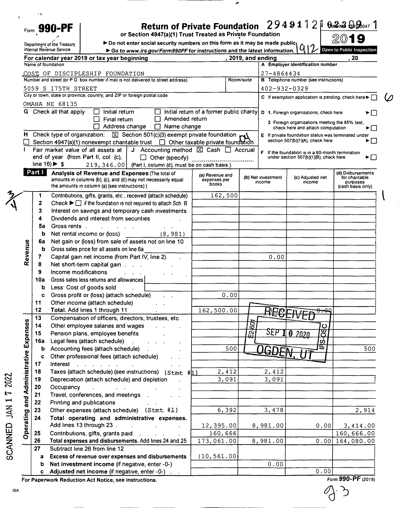 Image of first page of 2019 Form 990PF for Cost of Discipleship Foundation