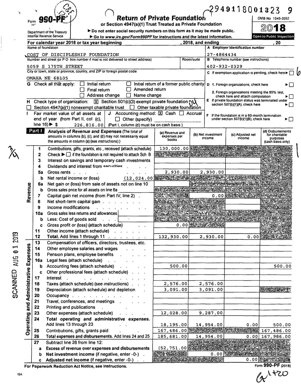 Image of first page of 2018 Form 990PF for Cost of Discipleship Foundation