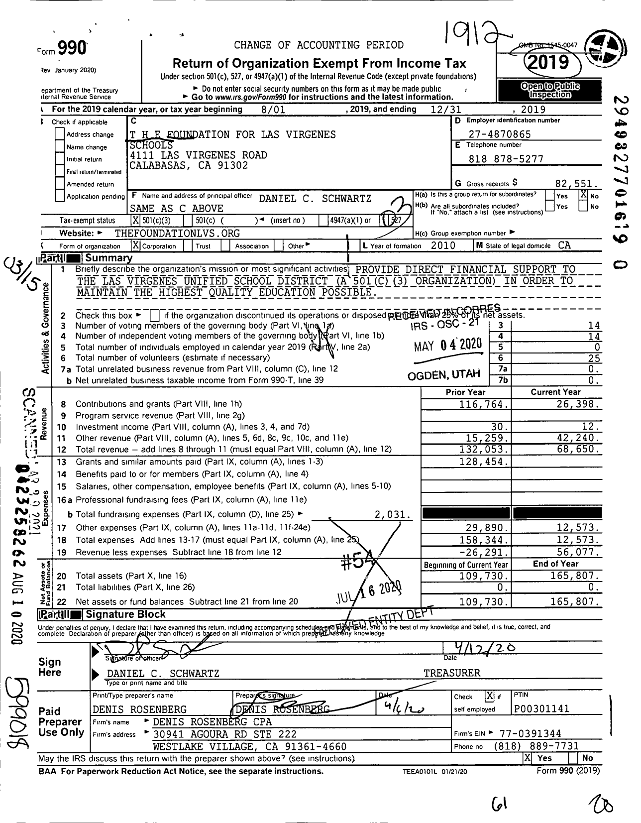 Image of first page of 2019 Form 990 for T H E Foundation for Las Virgenes Schools