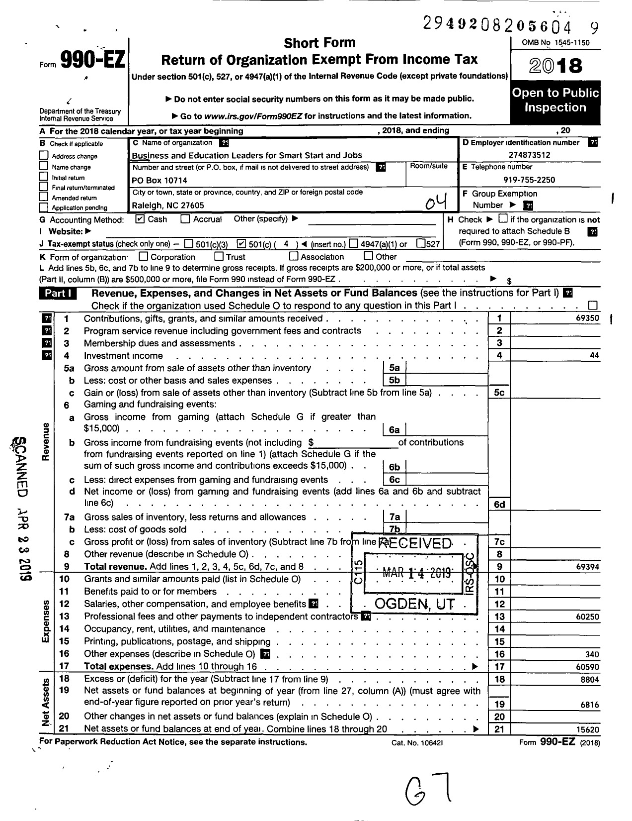 Image of first page of 2018 Form 990EO for Business and Education Leaders for Smart Start and Jobs