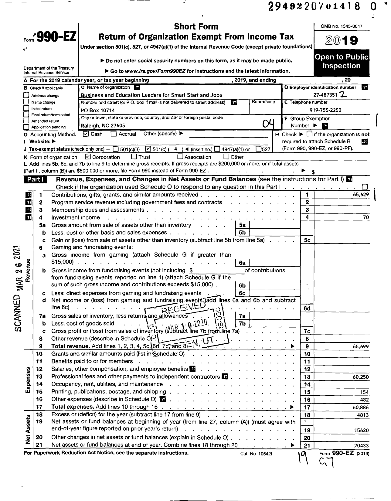 Image of first page of 2019 Form 990EO for Business and Education Leaders for Smart Start and Jobs