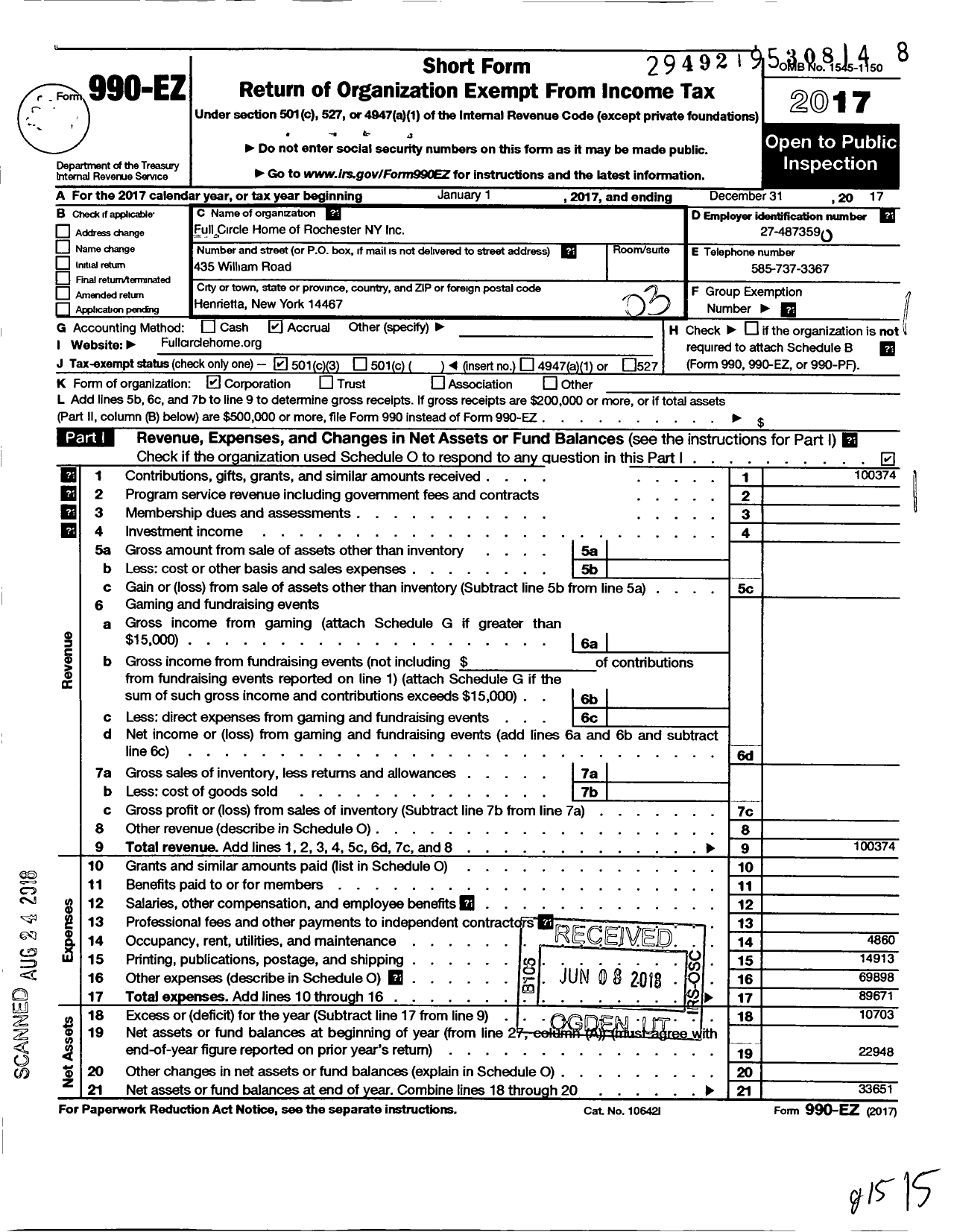 Image of first page of 2017 Form 990EZ for Full Circle Home of Rochester NY