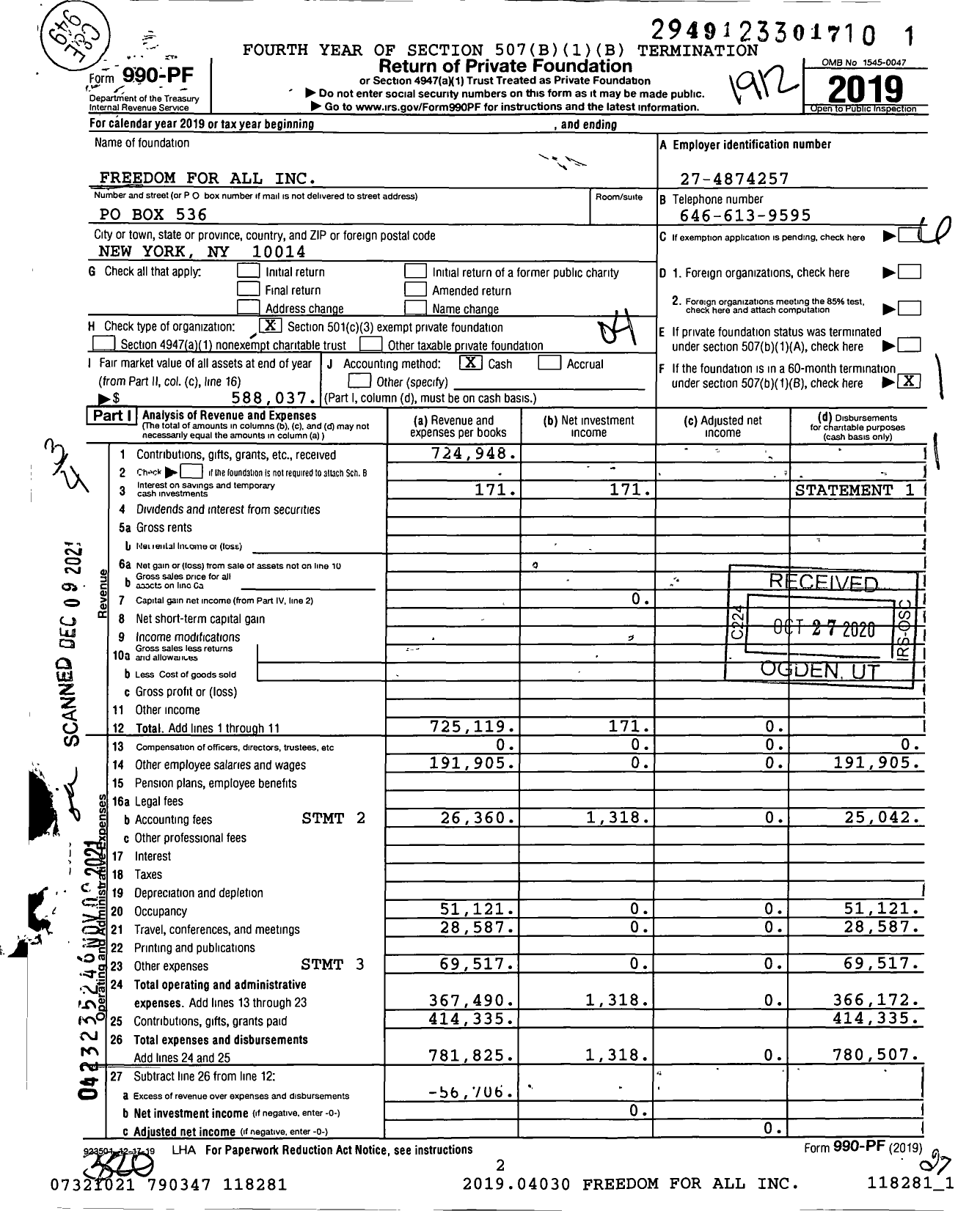 Image of first page of 2019 Form 990PF for Freedom for All