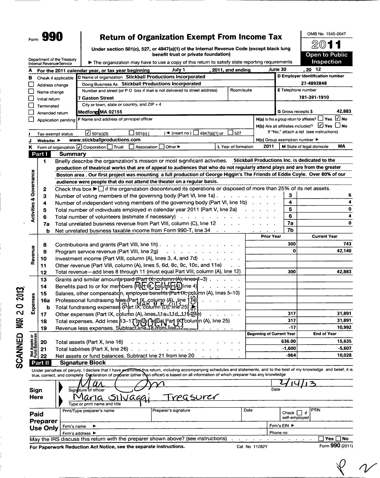 Image of first page of 2011 Form 990 for Stickball Productions