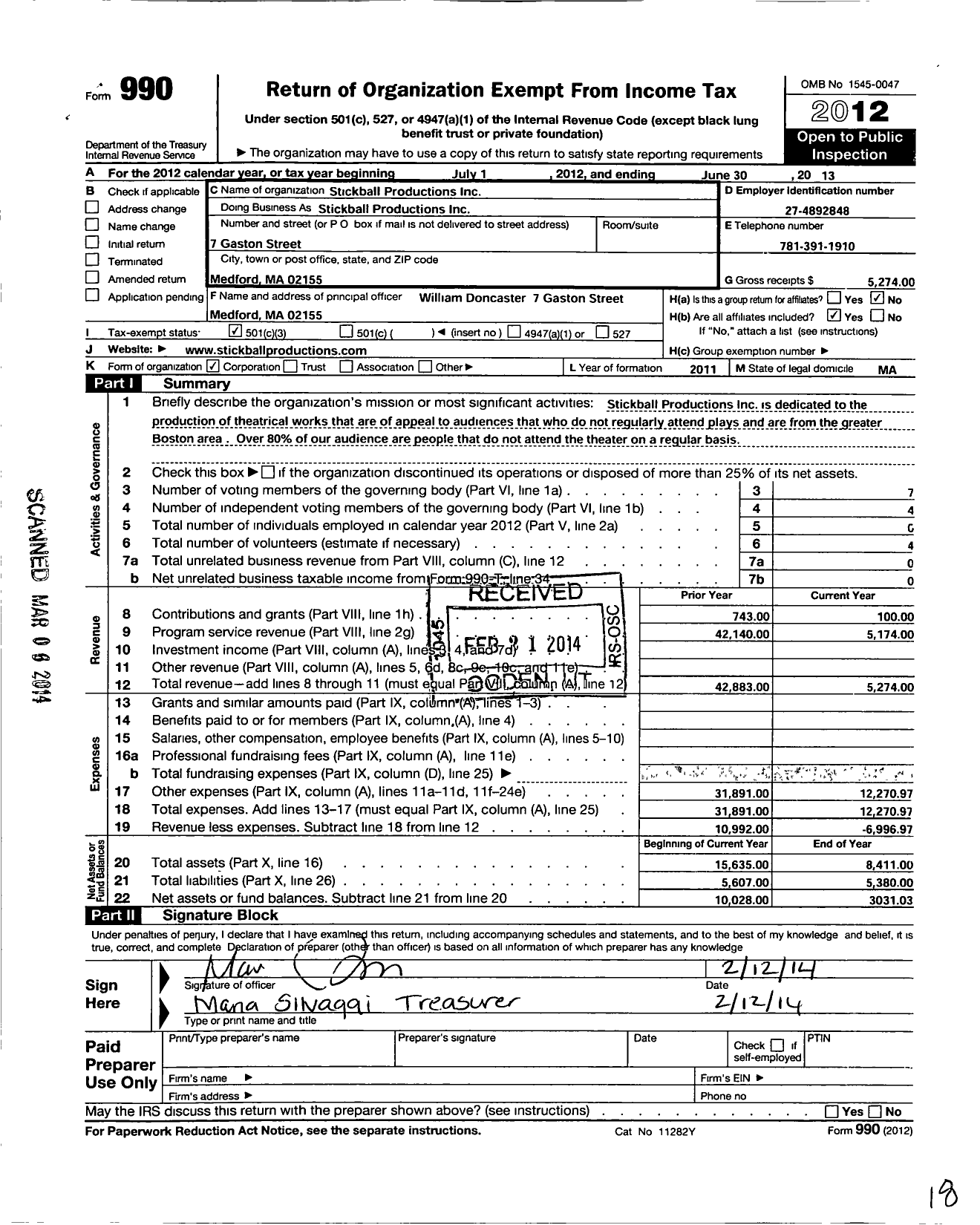 Image of first page of 2012 Form 990 for Stickball Productions