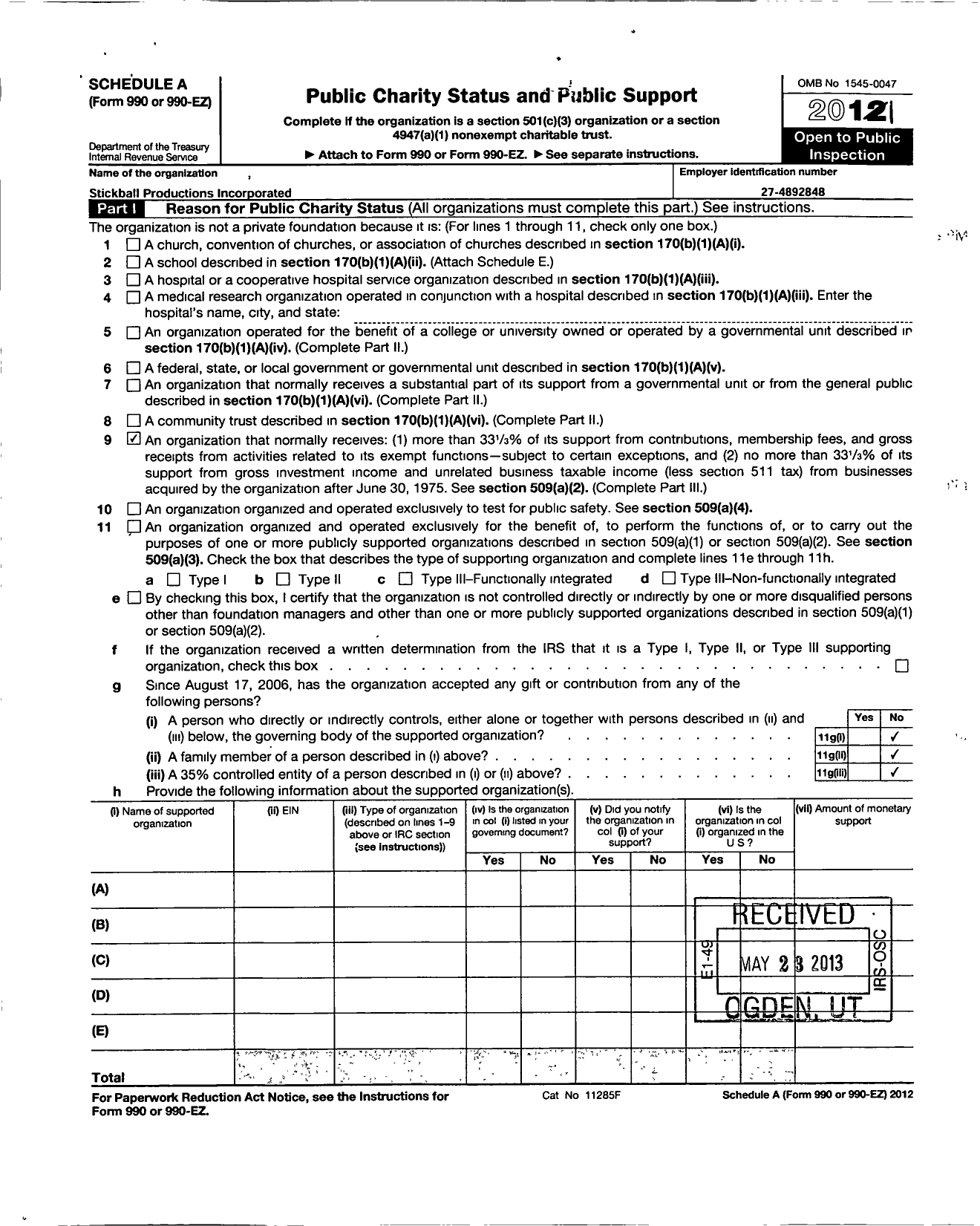 Image of first page of 2011 Form 990R for Stickball Productions