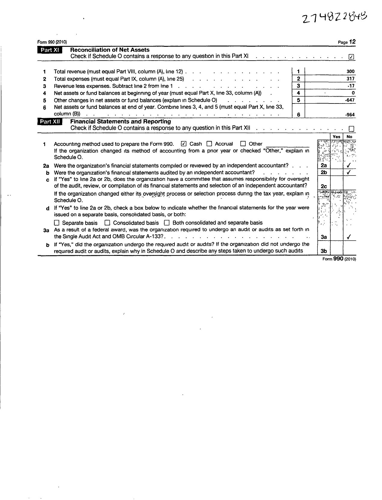 Image of first page of 2010 Form 990R for Stickball Productions