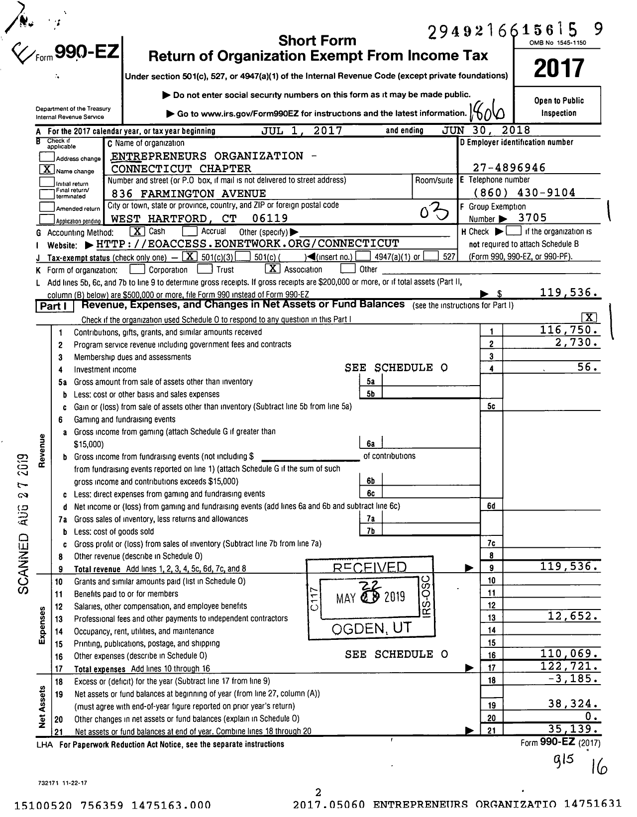 Image of first page of 2017 Form 990EZ for Young Entrepreneurs' Organization - Connecticut Chapter