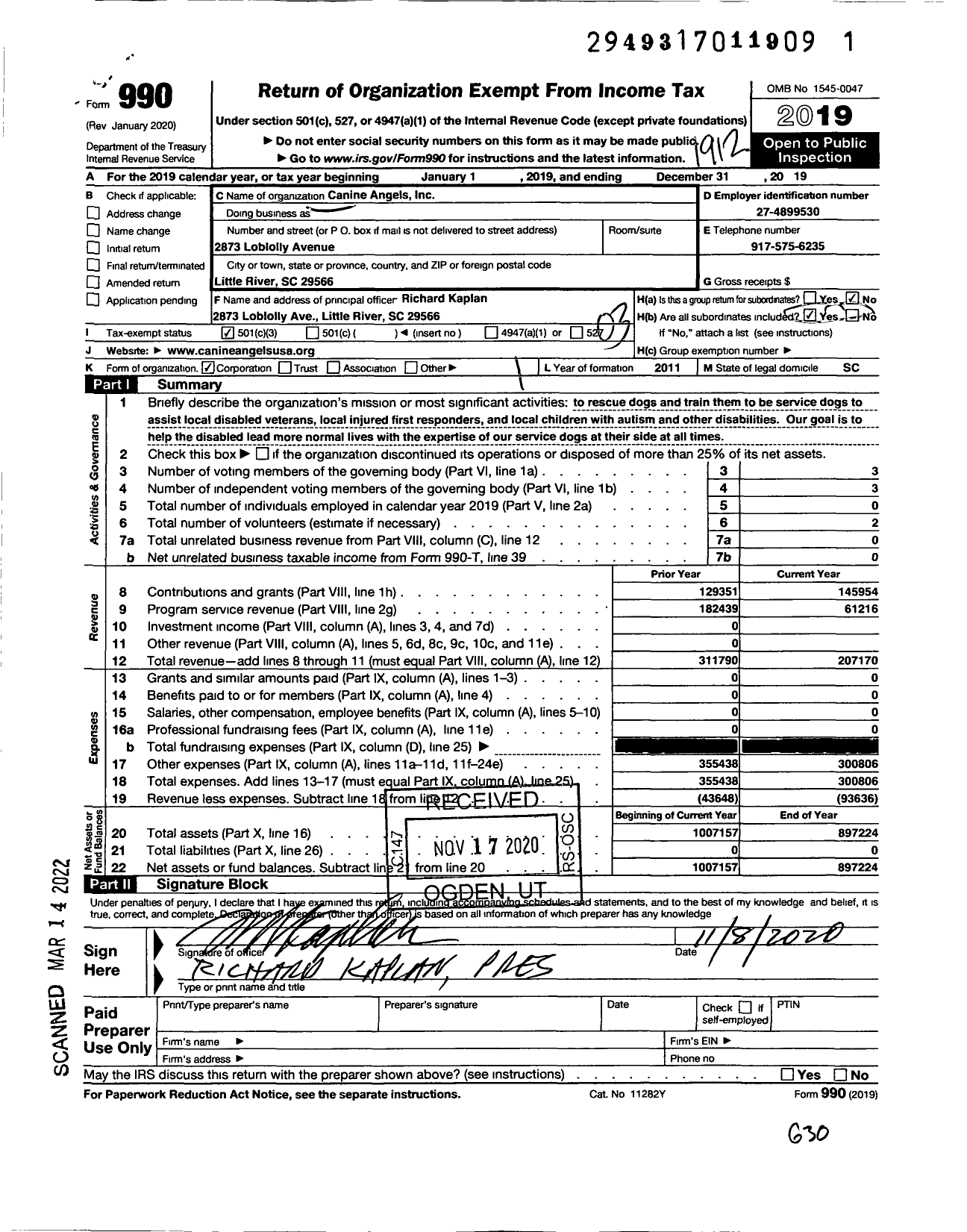 Image of first page of 2019 Form 990 for Canine Angels