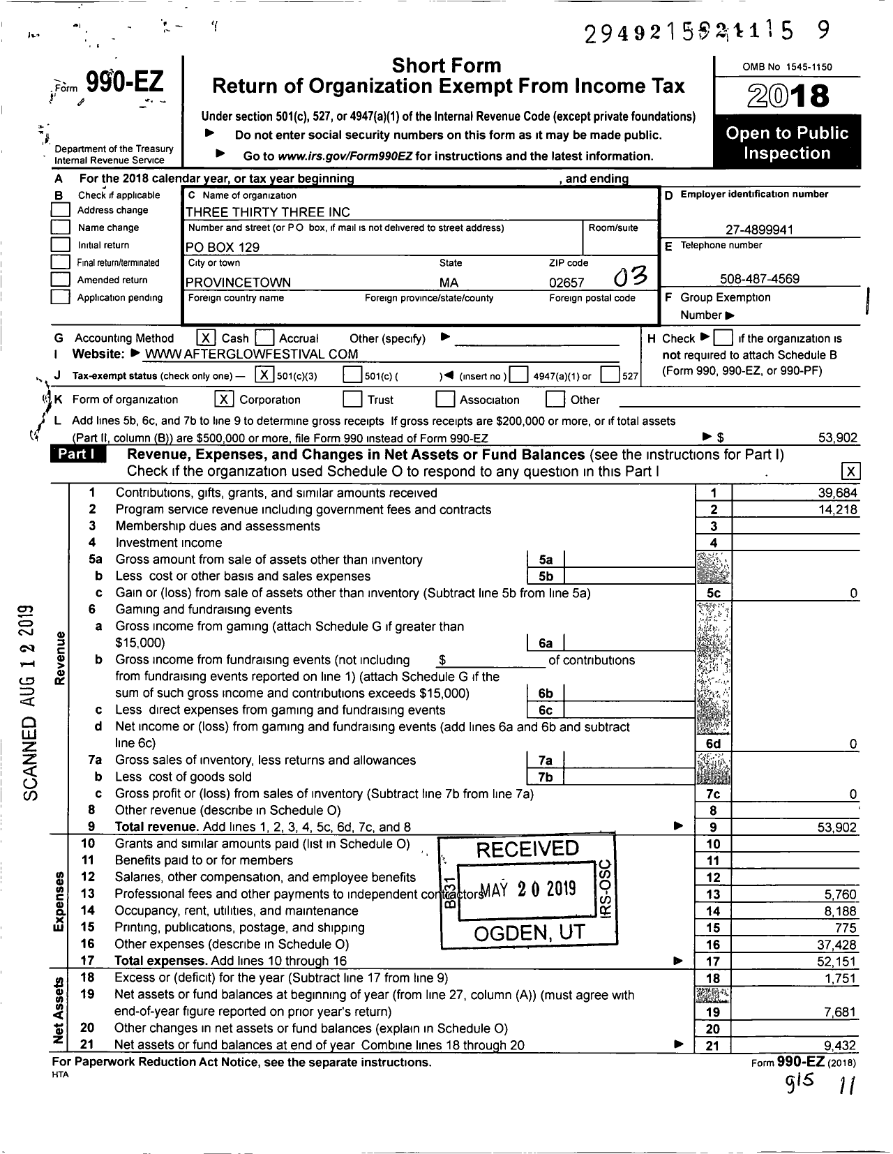 Image of first page of 2018 Form 990EZ for Three Thirty Three