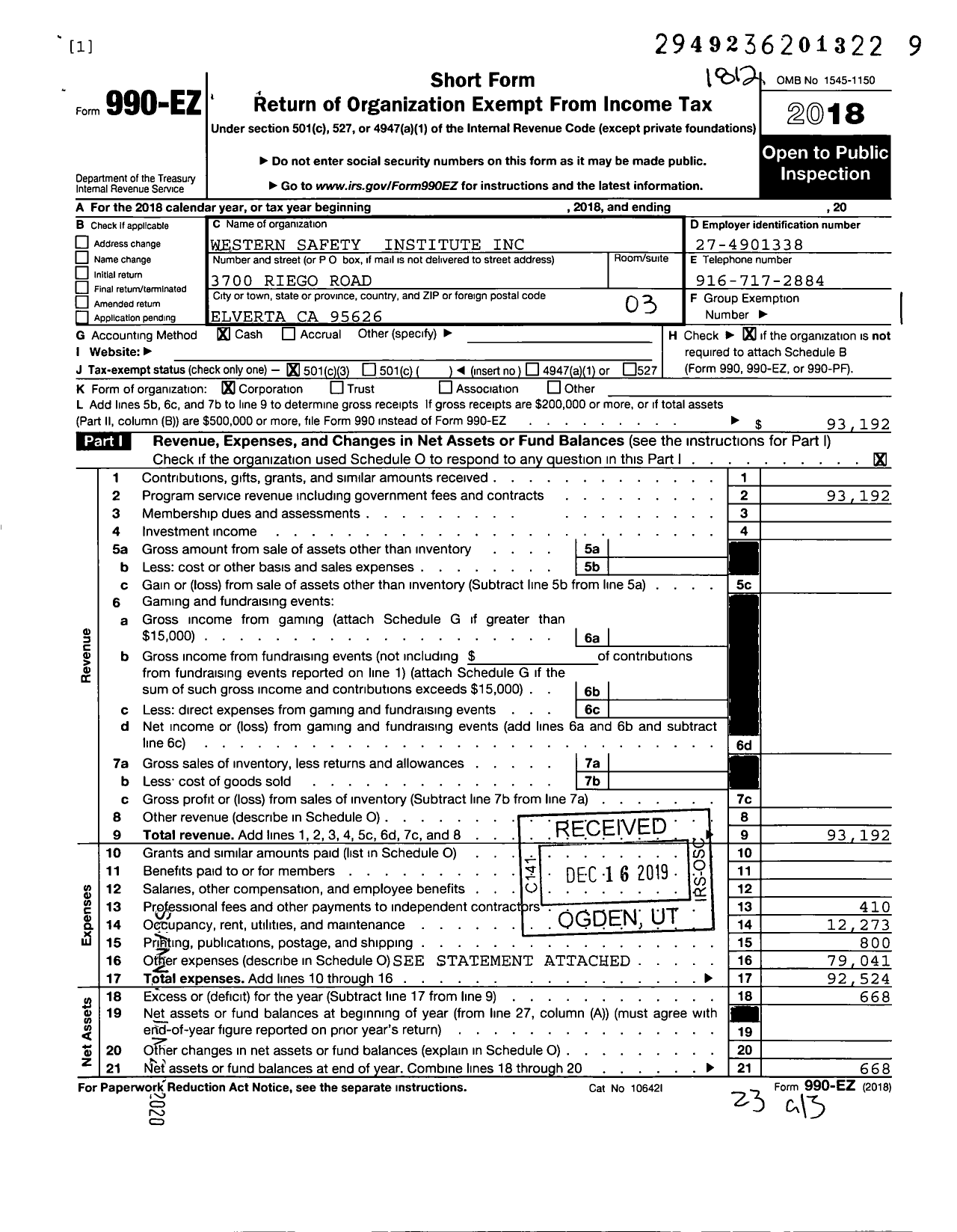 Image of first page of 2018 Form 990EZ for Western Safety Institute