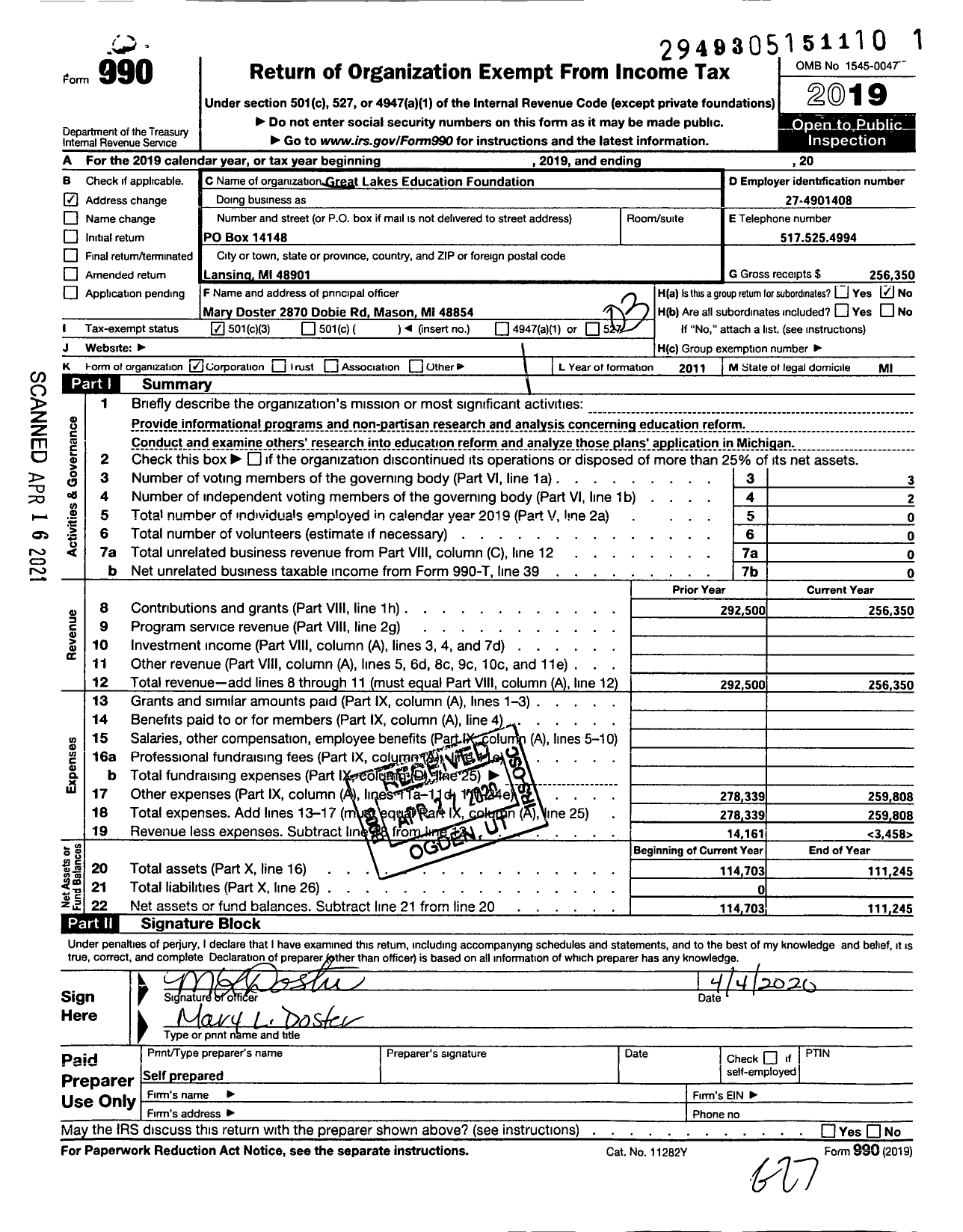 Image of first page of 2019 Form 990 for Great Lakes Education Foundation