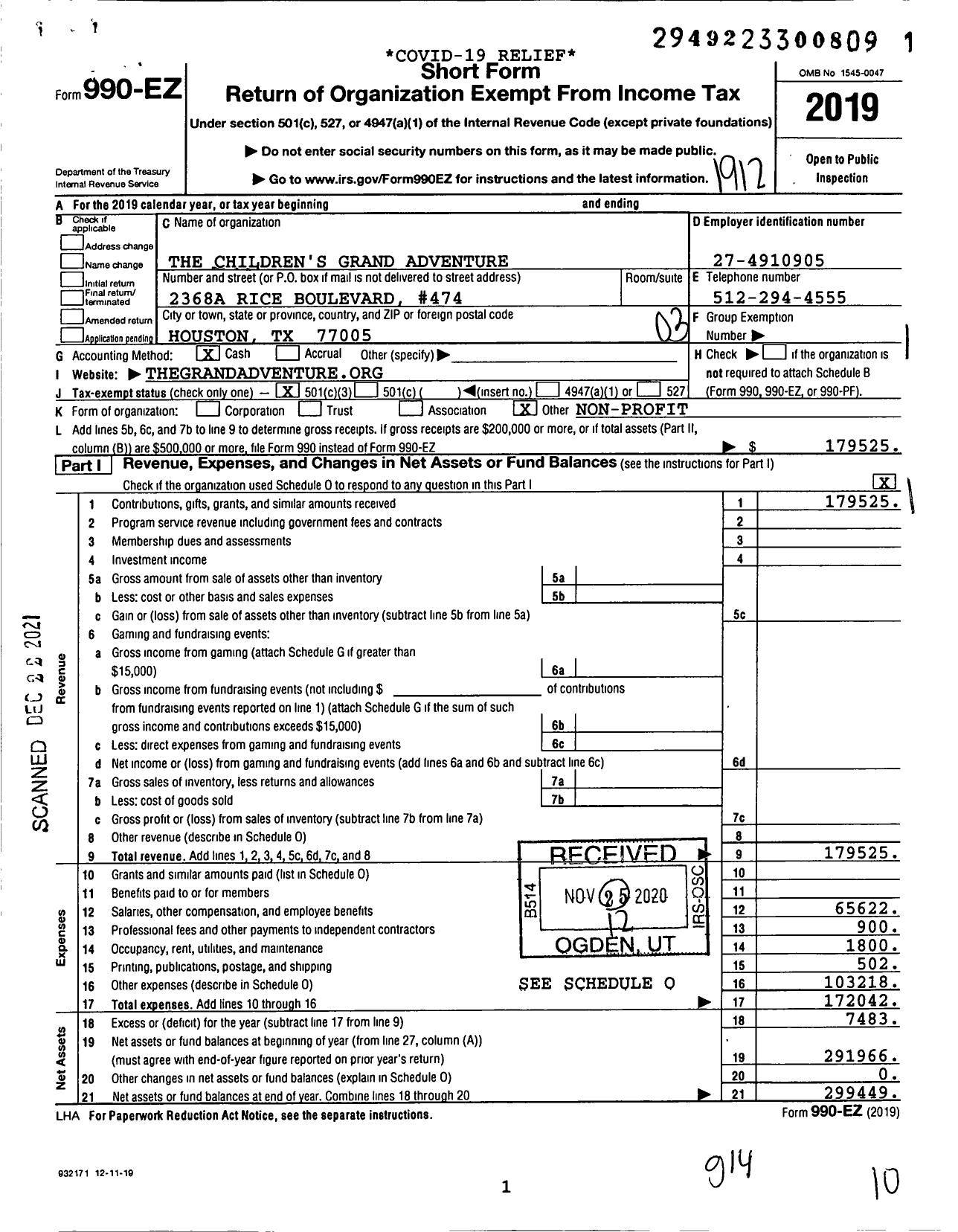 Image of first page of 2019 Form 990EZ for The Children's Grand Adventure