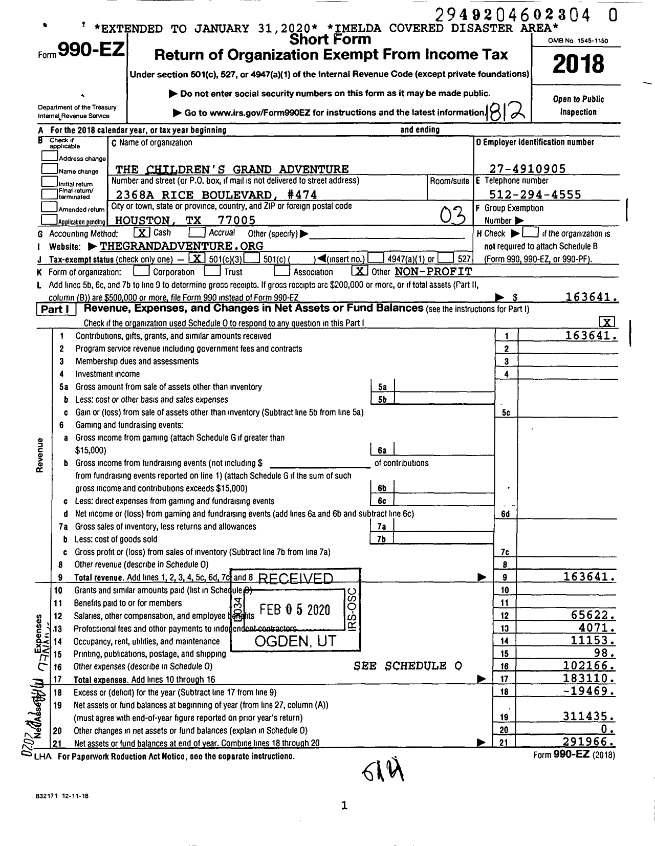 Image of first page of 2018 Form 990EZ for The Children's Grand Adventure