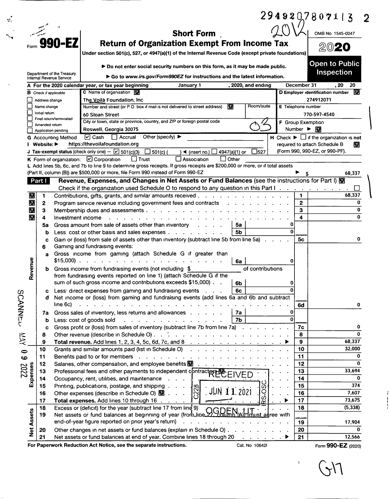 Image of first page of 2020 Form 990EZ for The Voila Foundation