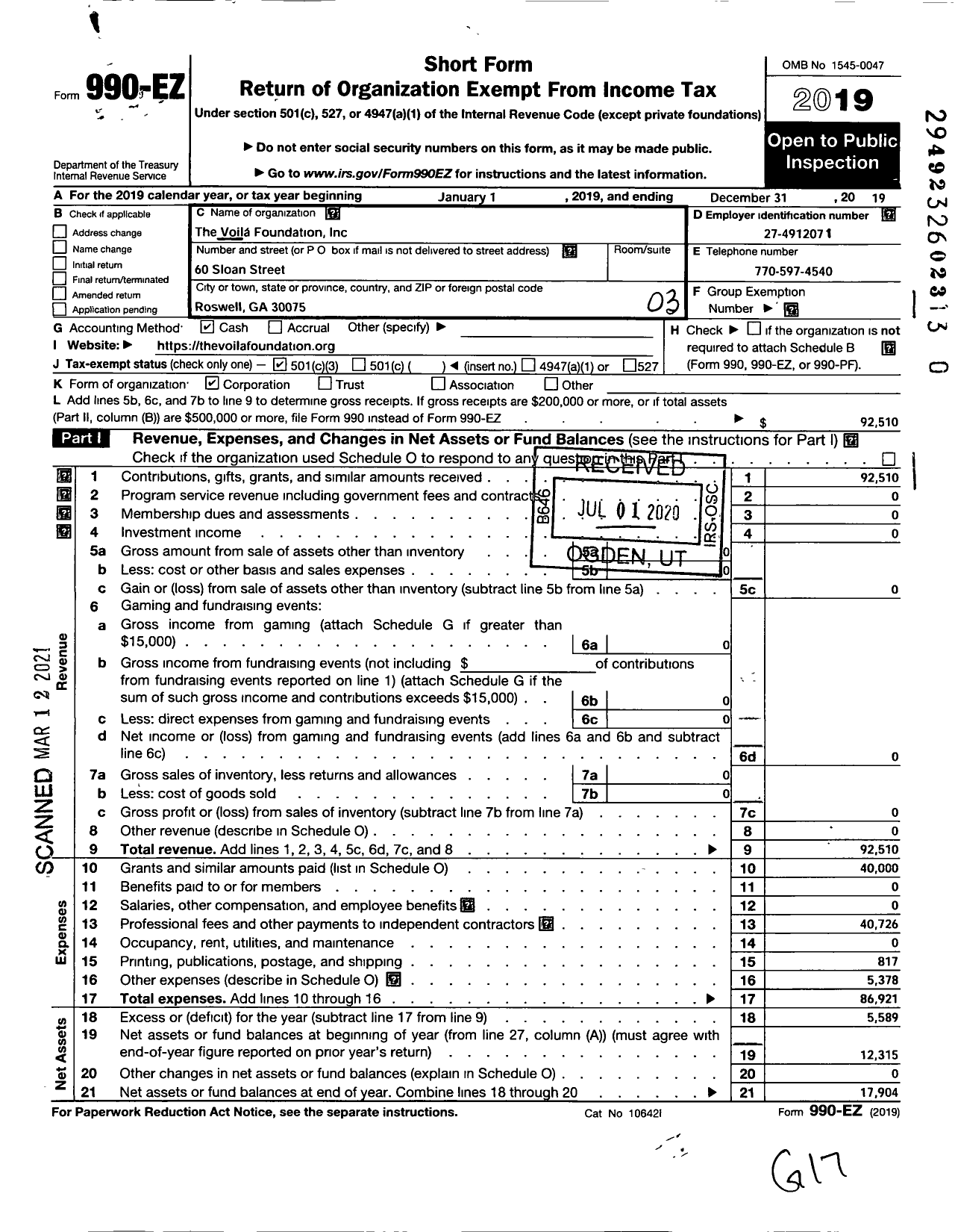 Image of first page of 2019 Form 990EZ for The Voila Foundation