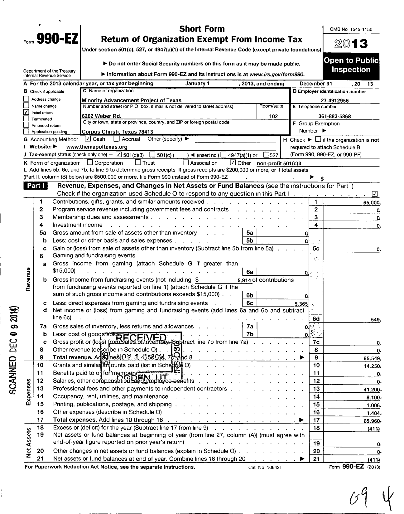 Image of first page of 2013 Form 990EZ for Minority Advancement Project of Texas