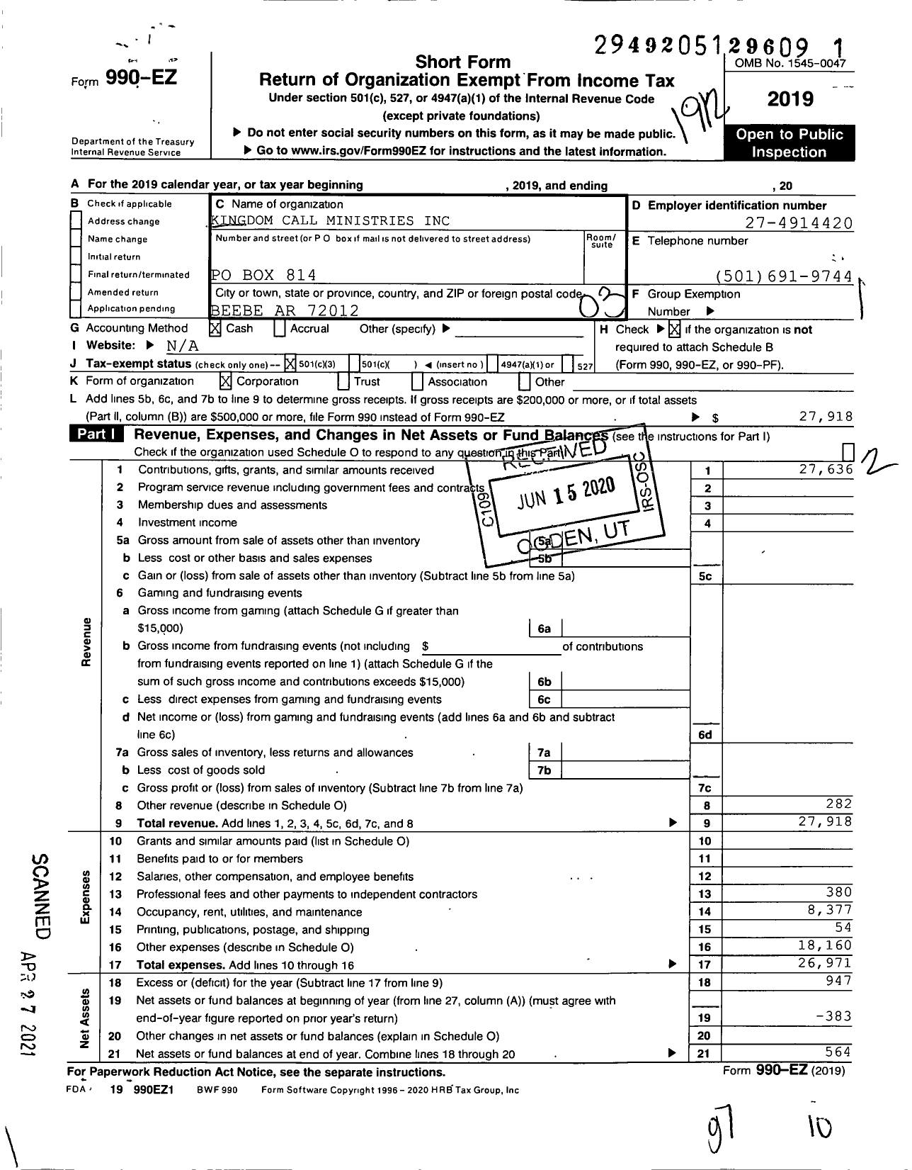 Image of first page of 2019 Form 990EZ for Kingdom Call Ministry