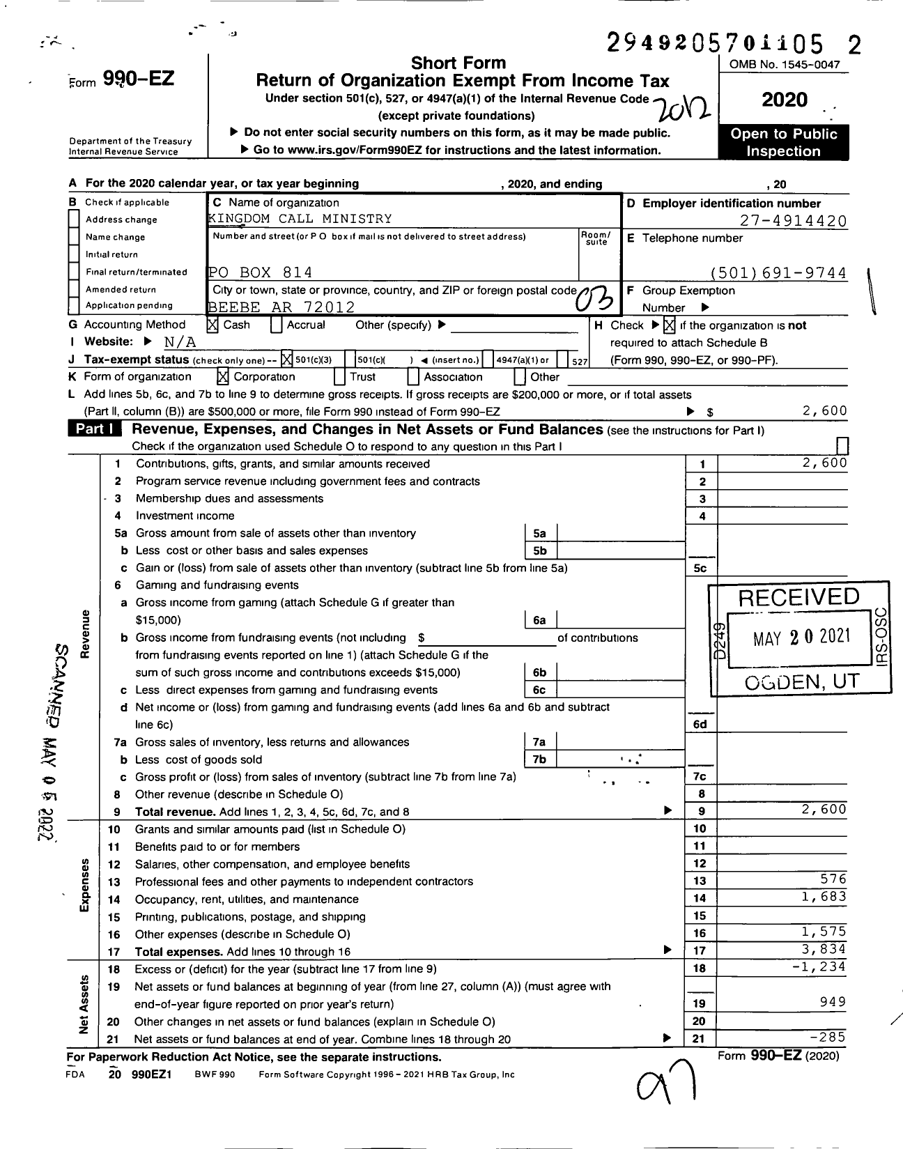 Image of first page of 2020 Form 990EZ for Kingdom Call Ministry