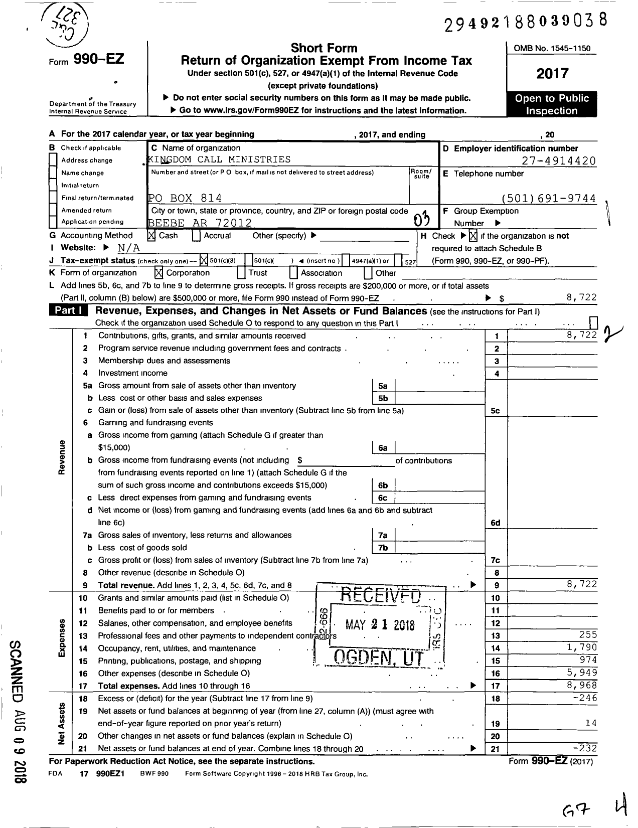 Image of first page of 2017 Form 990EZ for Kingdom Call Ministry