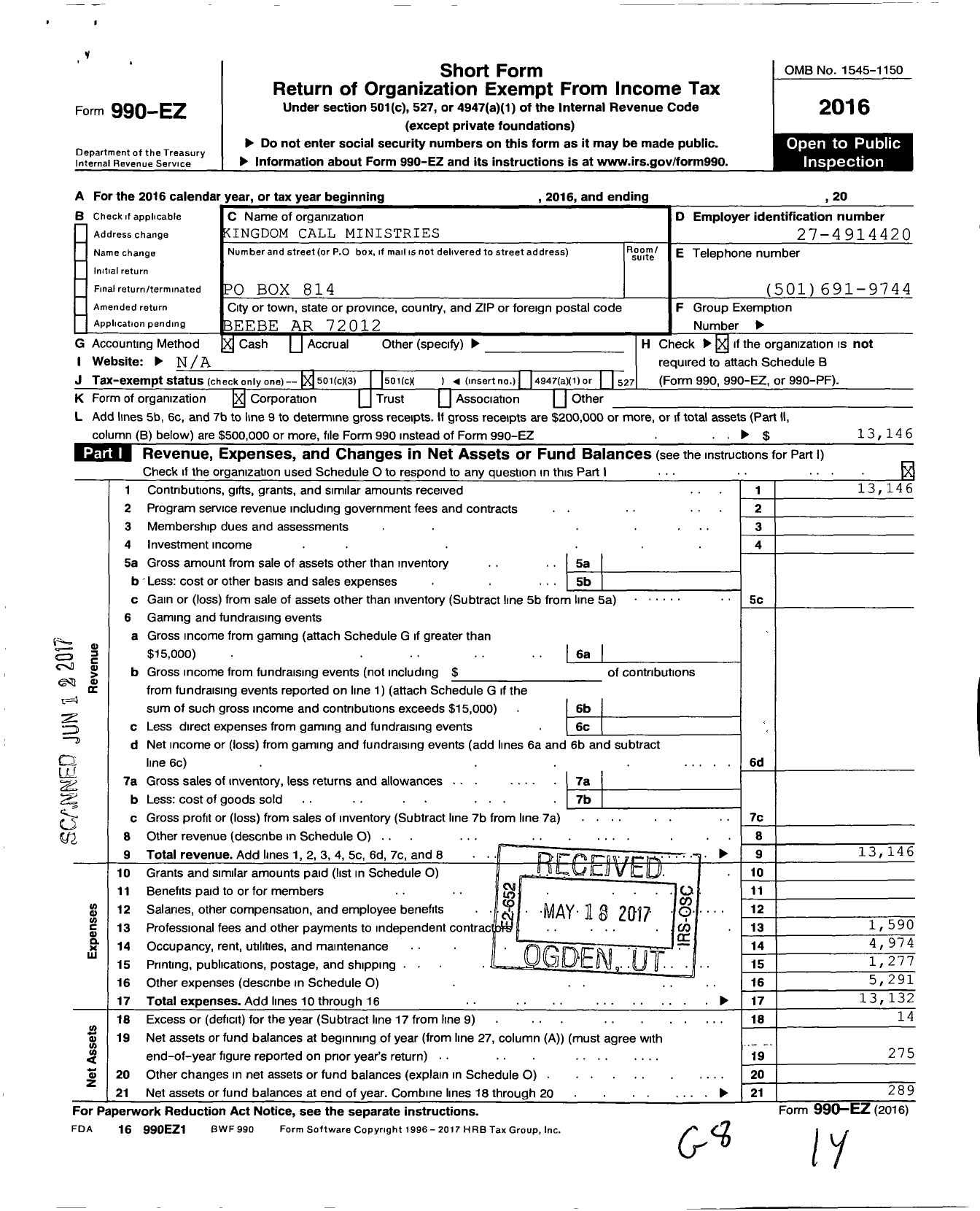 Image of first page of 2016 Form 990EZ for Kingdom Call Ministry