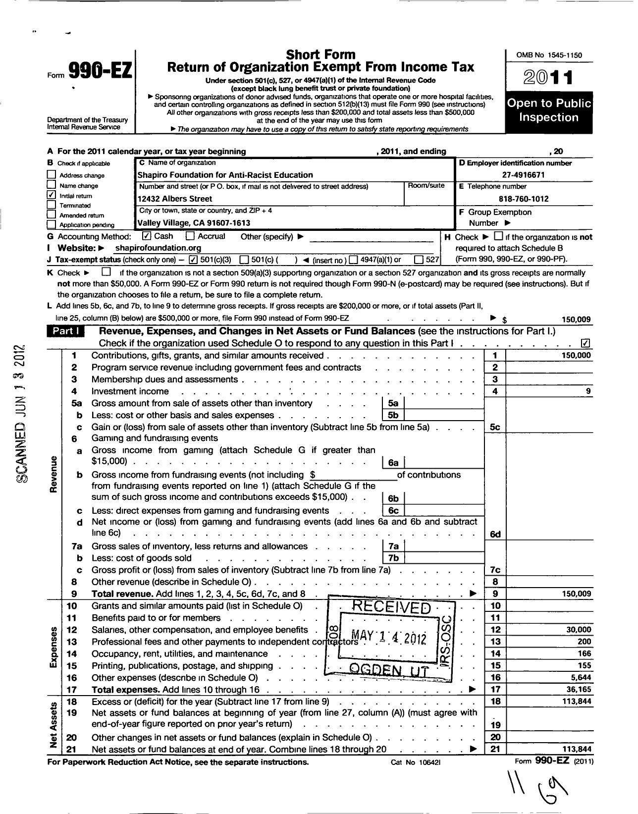 Image of first page of 2011 Form 990EZ for Shapiro Foundation for Anti-Racist Education