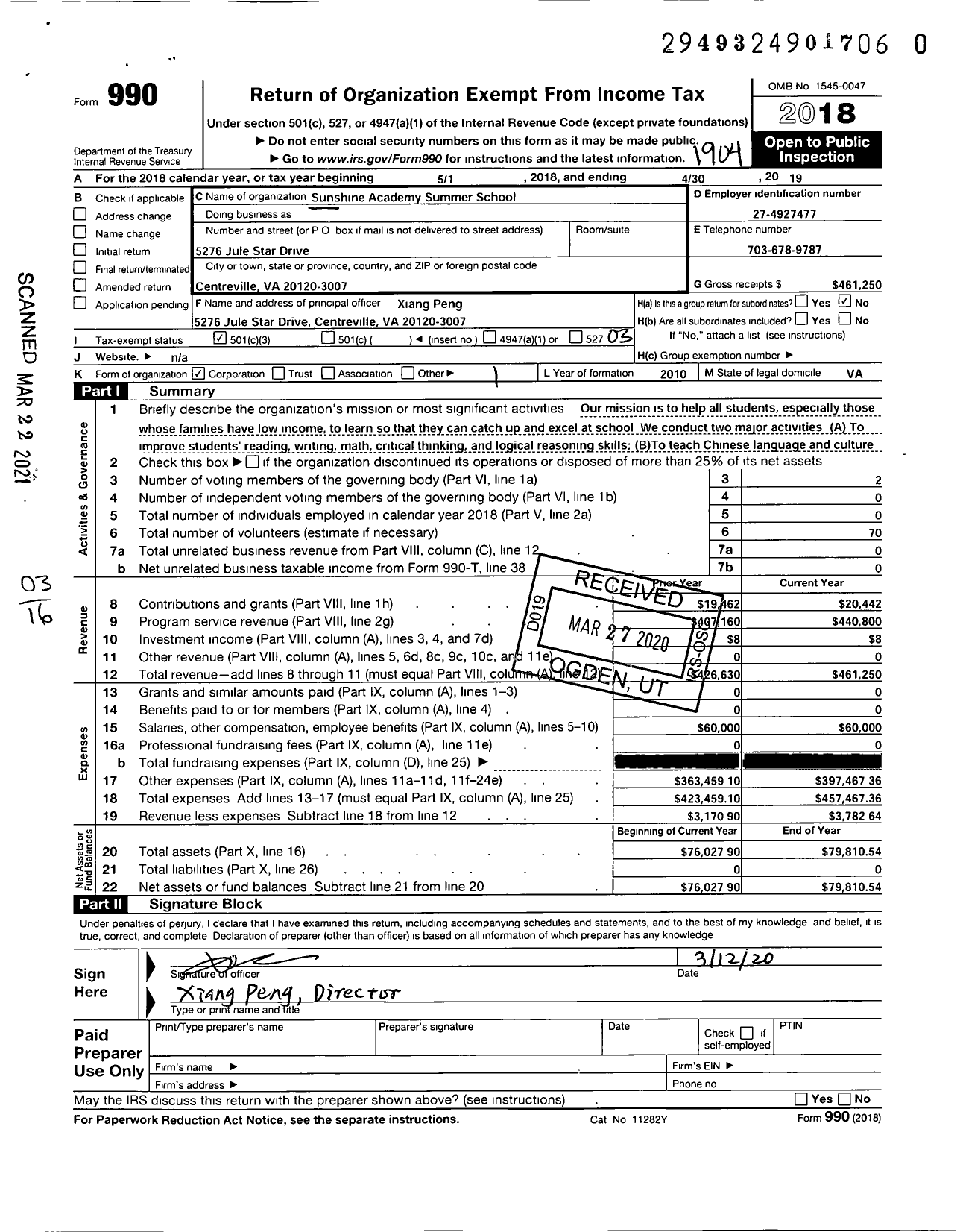 Image of first page of 2018 Form 990 for Sunshine Academy Summer School