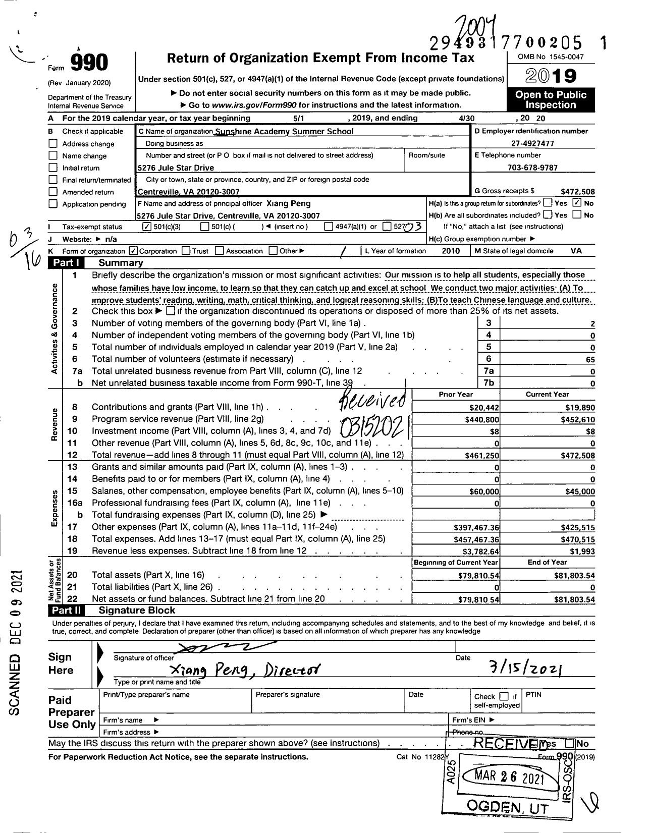 Image of first page of 2019 Form 990 for Sunshine Academy Summer School