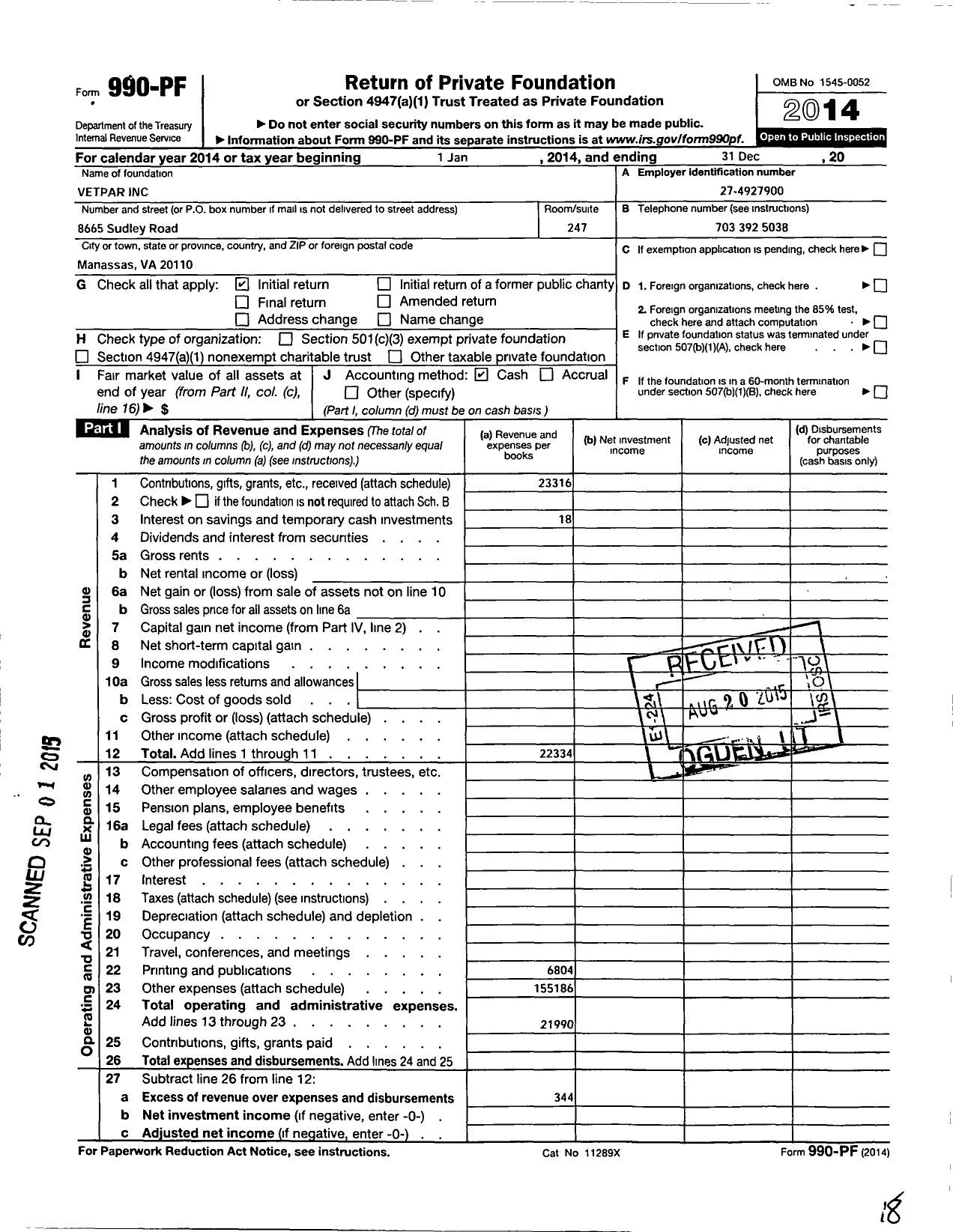 Image of first page of 2014 Form 990PF for Vetpar