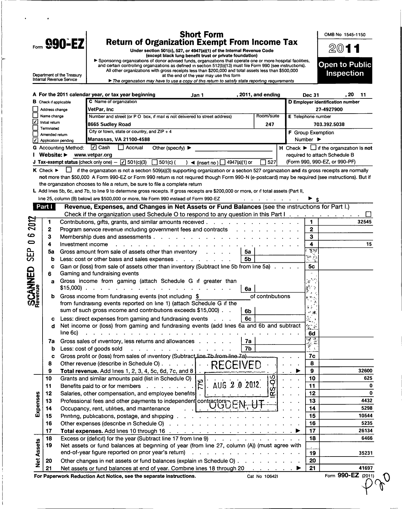 Image of first page of 2011 Form 990EZ for Vetpar