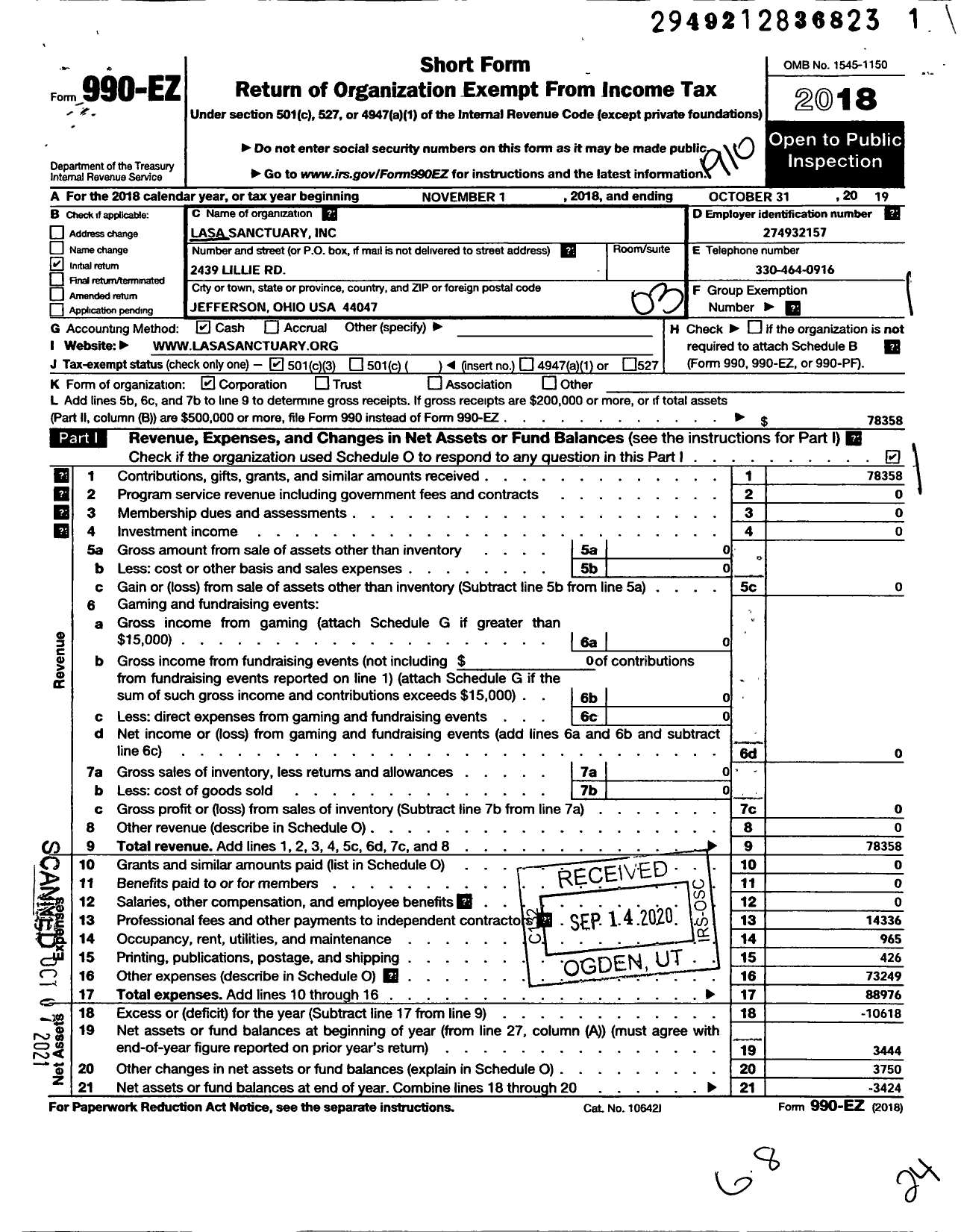 Image of first page of 2018 Form 990EZ for Lasa Sanctuary