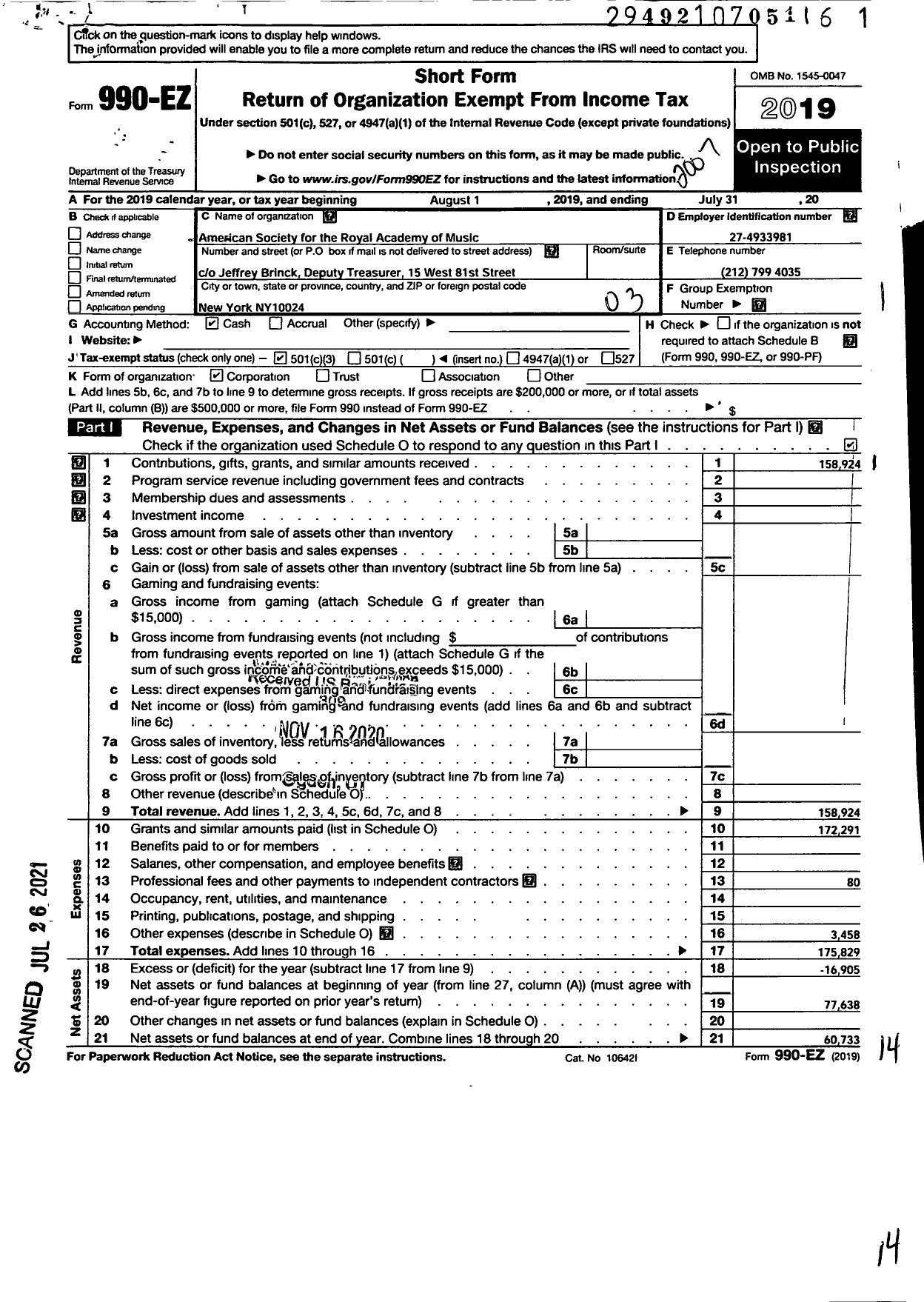 Image of first page of 2019 Form 990EZ for American Society of the Royal Academy of Music