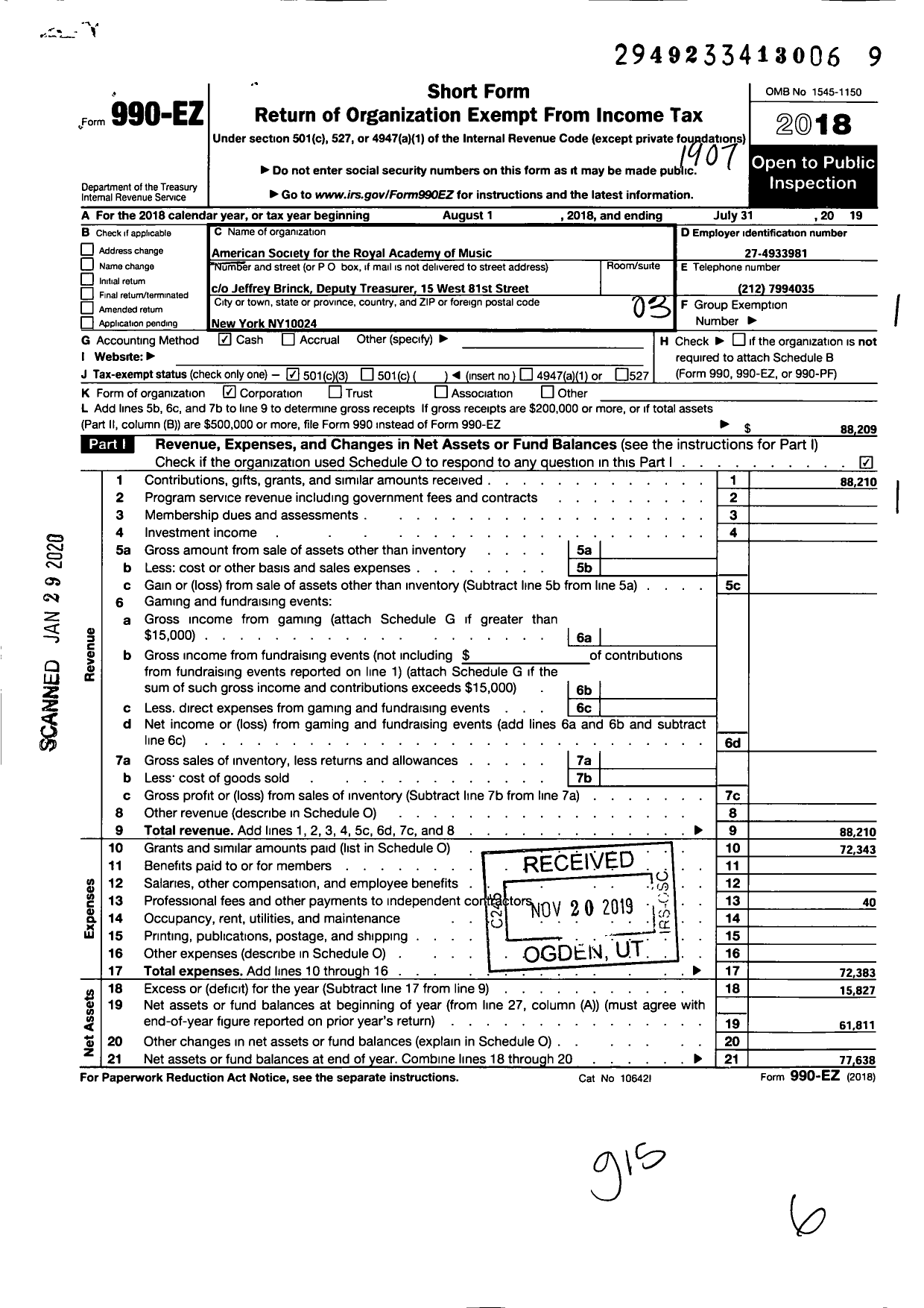 Image of first page of 2018 Form 990EZ for American Society of the Royal Academy of Music