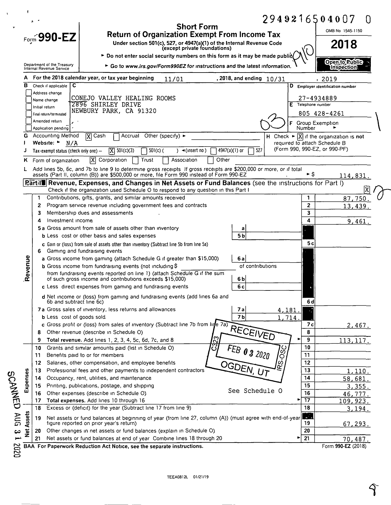 Image of first page of 2018 Form 990EZ for Awakened To Life