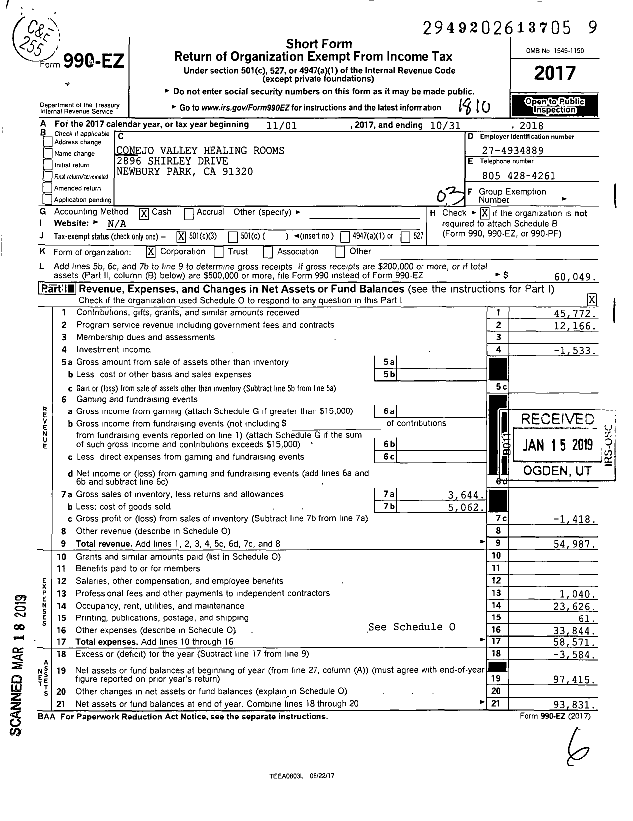 Image of first page of 2017 Form 990EZ for Awakened To Life