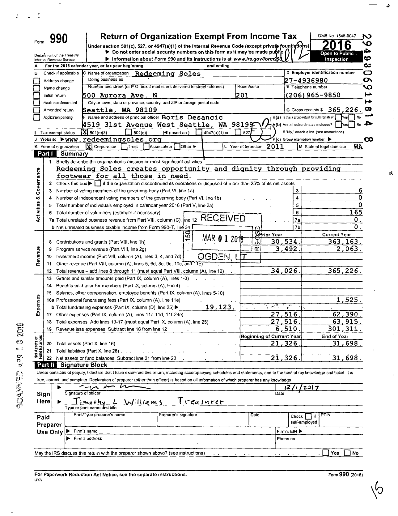 Image of first page of 2016 Form 990 for Redeeming Soles