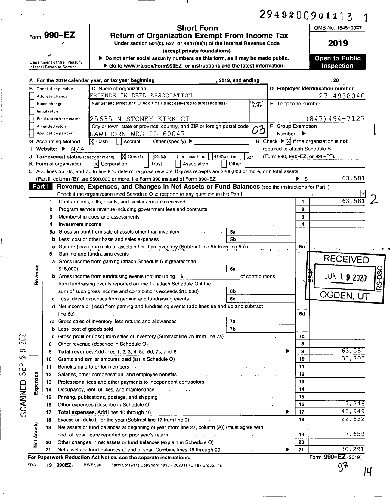 Image of first page of 2019 Form 990EZ for Friends in Deed Association